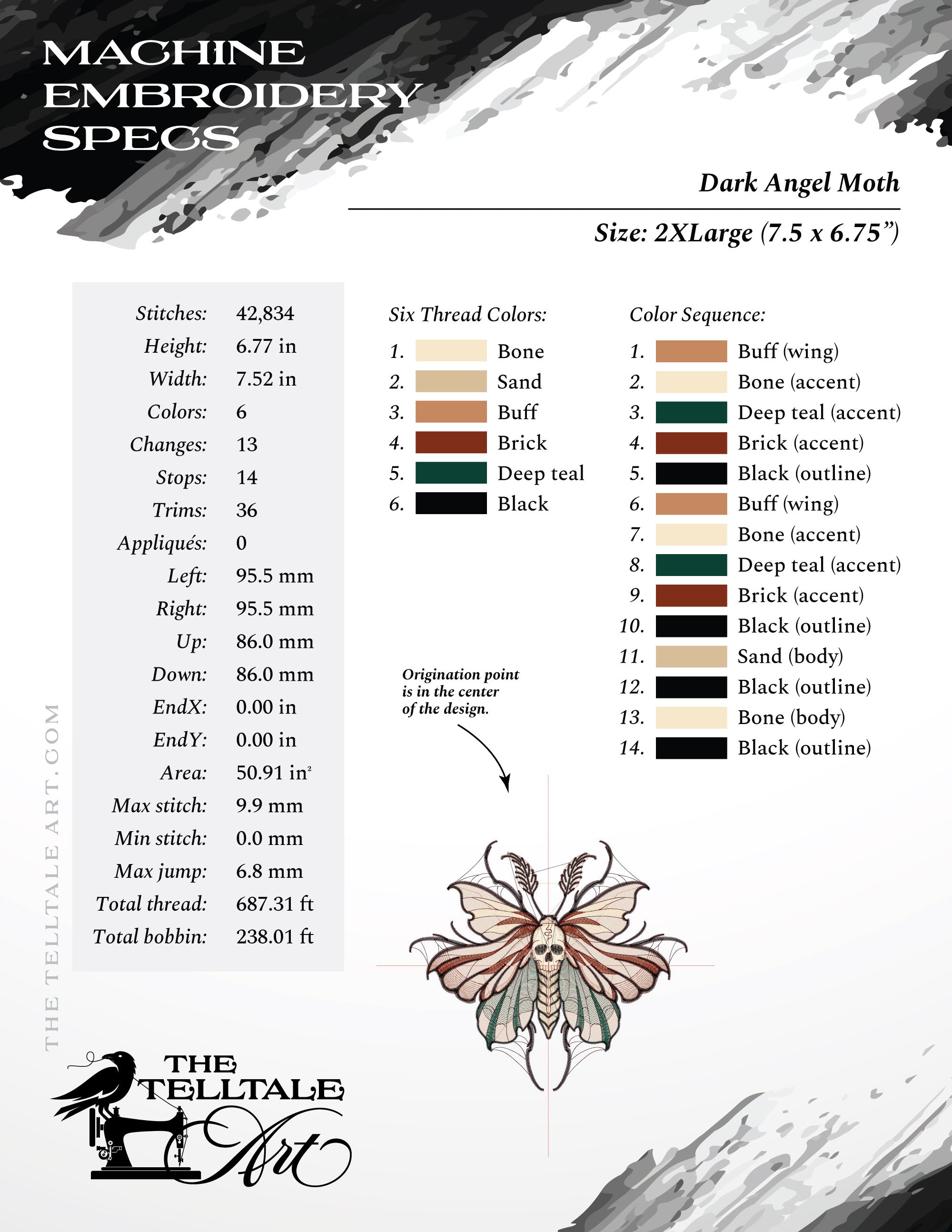 Angel of Death Moth – Gothic Tattoo Style – Six Sizes 4 to 9 Inches