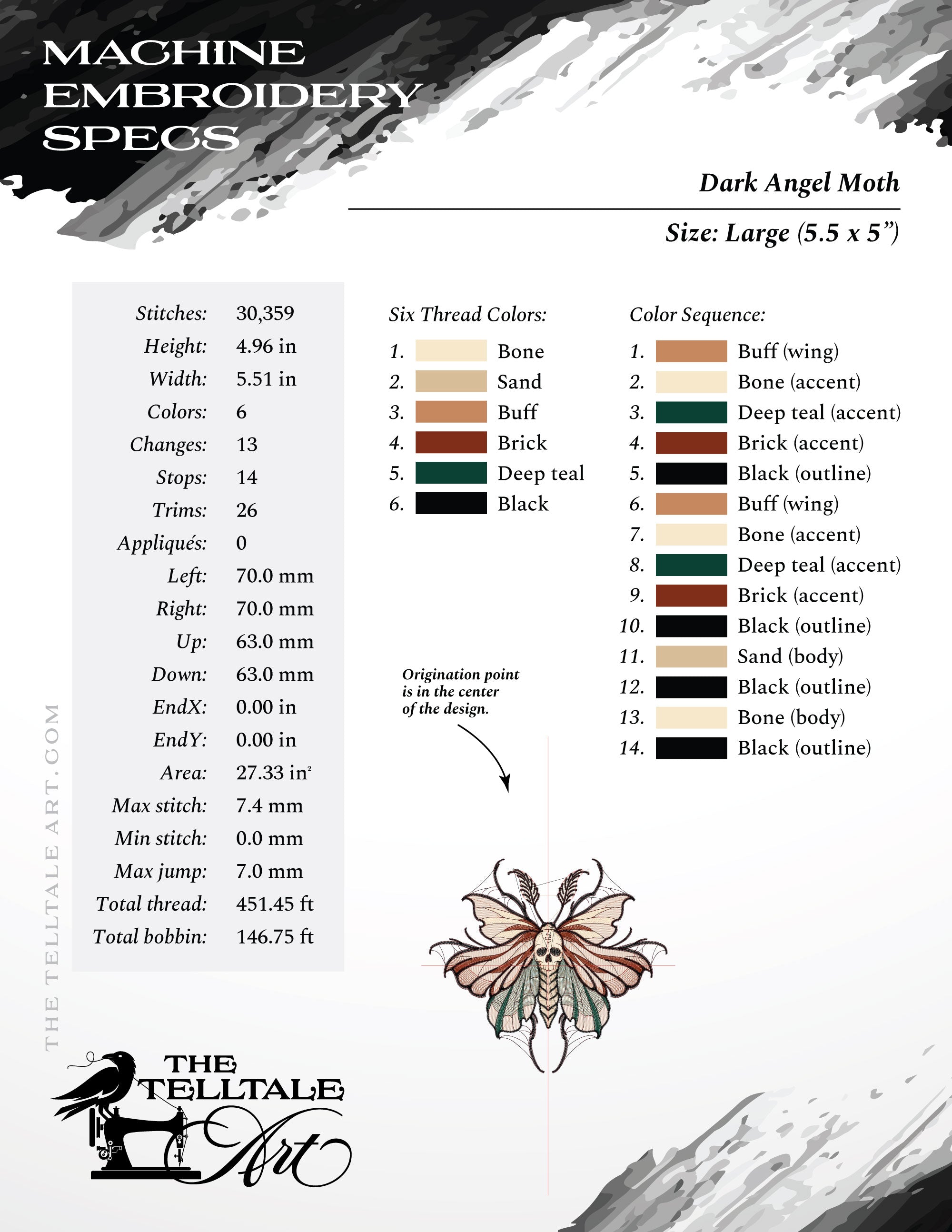 Angel of Death Moth – Gothic Tattoo Style – Six Sizes 4 to 9 Inches