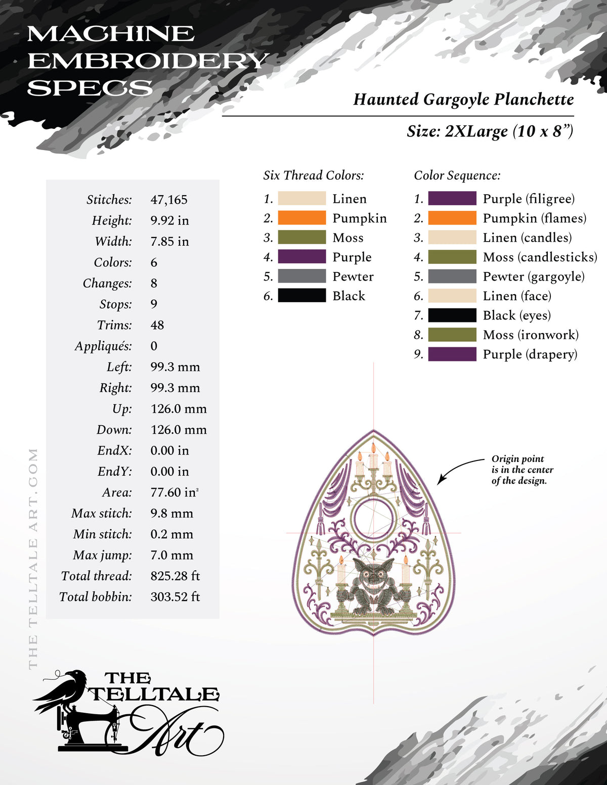 Haunted Gargoyle Planchette – Five Sizes 6 to 10 Inches – Gothic Embroidery Design