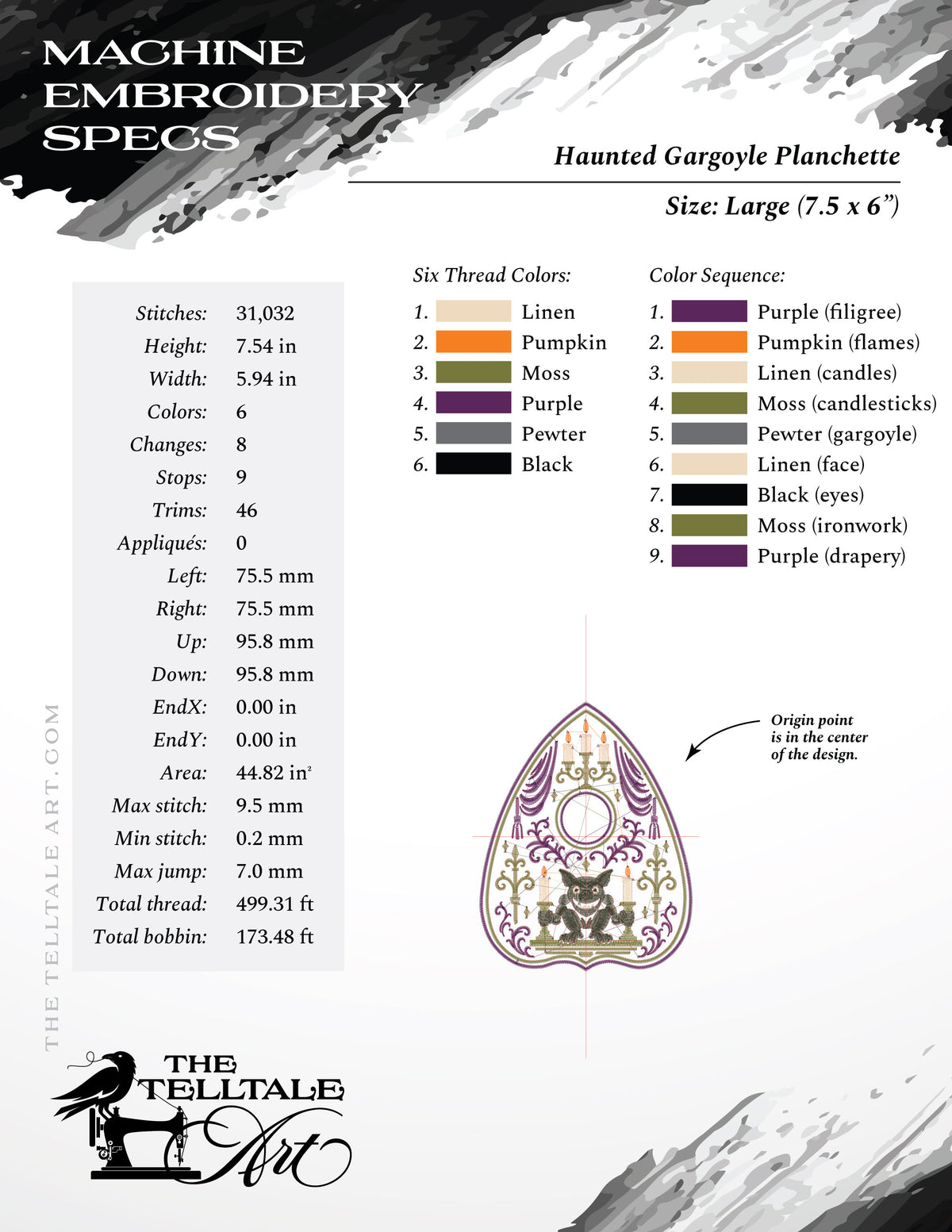 Haunted Gargoyle Planchette – Five Sizes 6 to 10 Inches – Gothic Embroidery Design