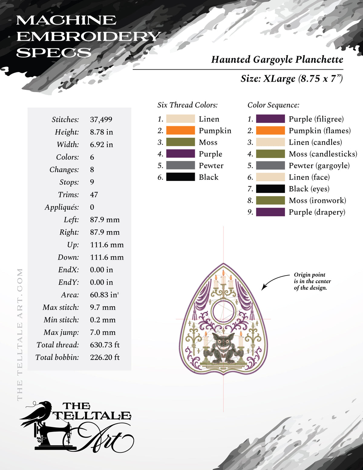 Haunted Gargoyle Planchette – Five Sizes 6 to 10 Inches – Gothic Embroidery Design