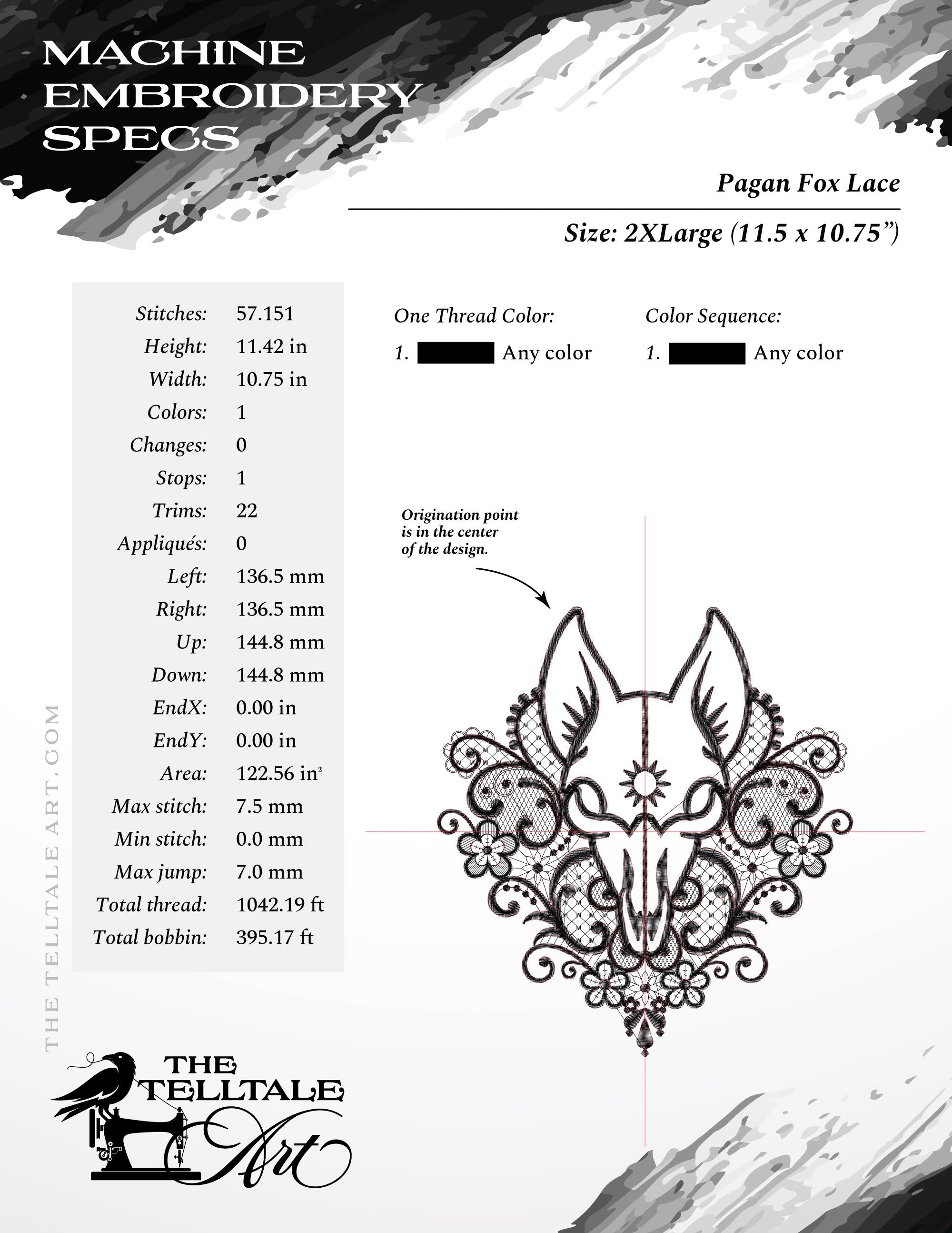 Pagan Fox Skull with Victorian Lace – Five Sizes 7 to 12 Inches – Gothic Embroidery