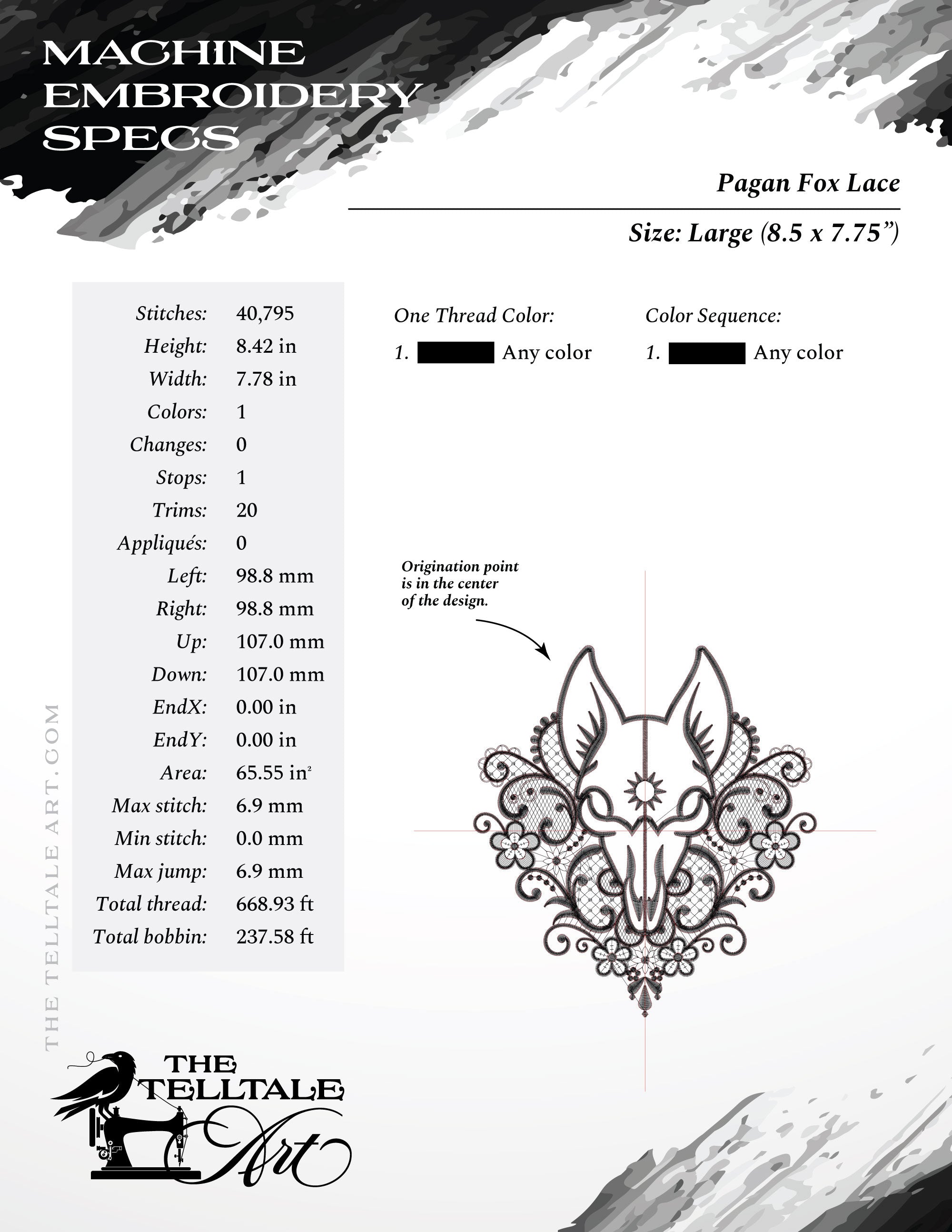 Pagan Fox Skull with Victorian Lace – Five Sizes 7 to 12 Inches – Gothic Embroidery