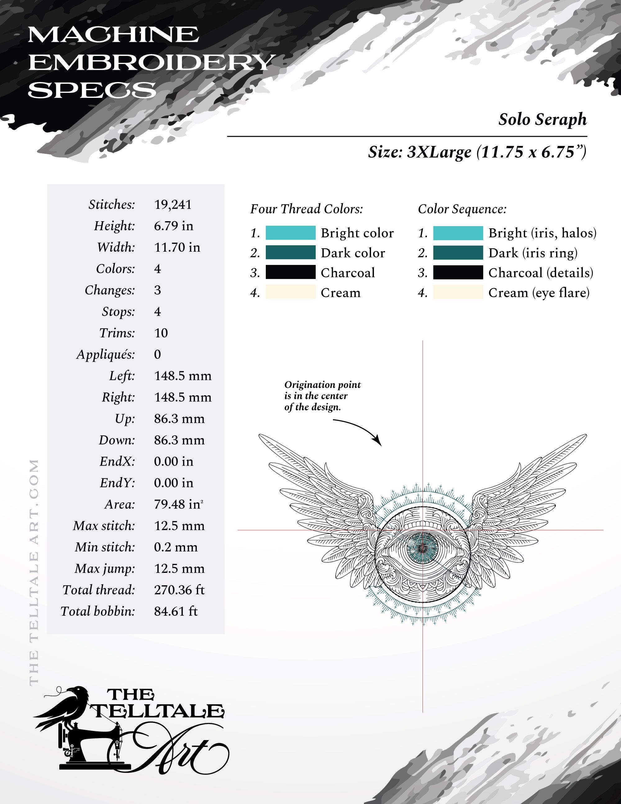 Solo Seraph – Winged Eye Engraving – Six Sizes 6 to 12 Inches – Run-Stitch