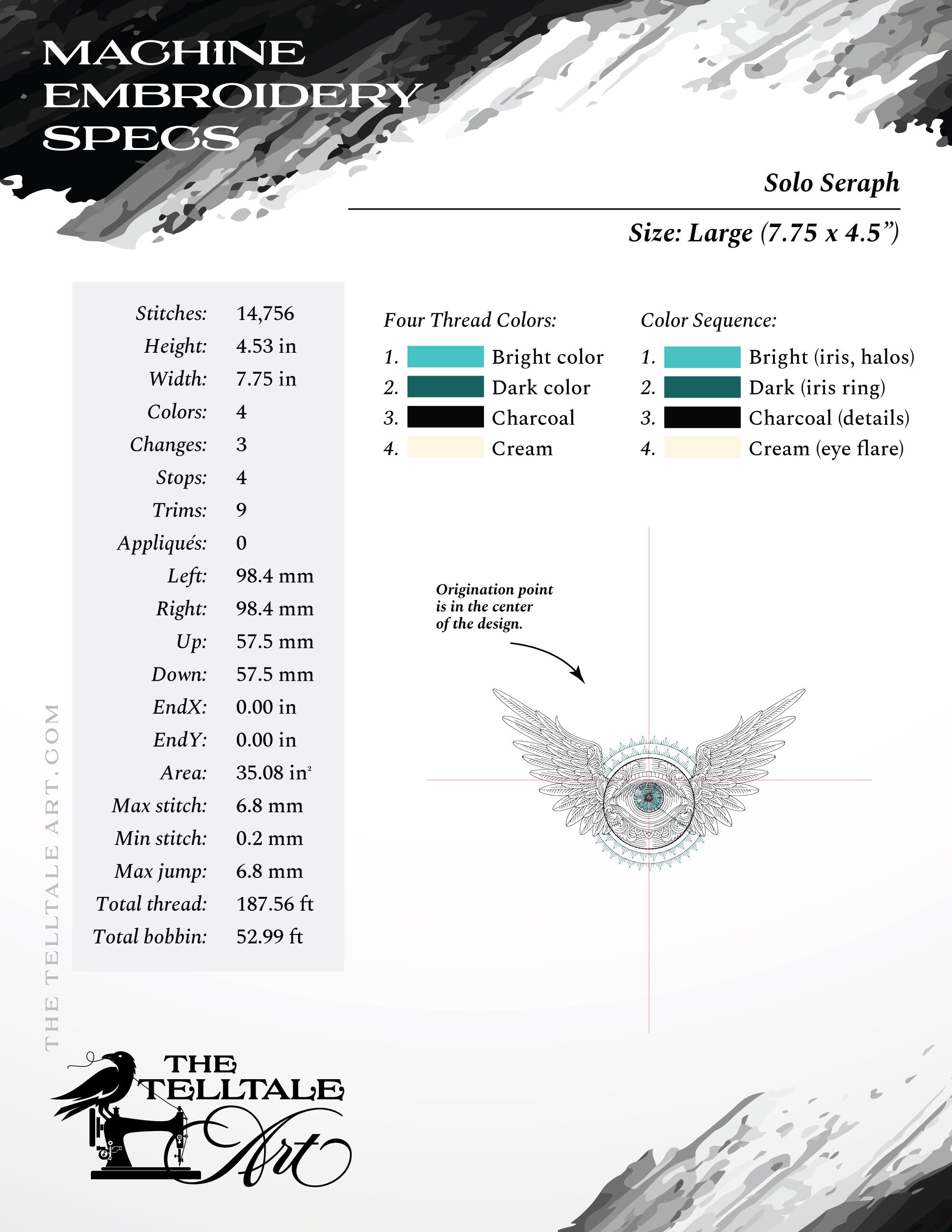 Solo Seraph – Winged Eye Engraving – Six Sizes 6 to 12 Inches – Run-Stitch