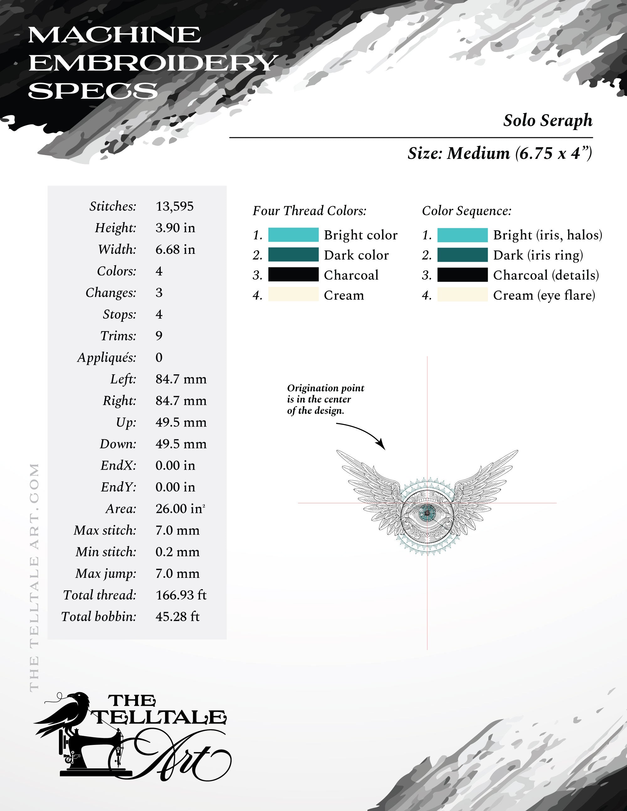 Solo Seraph – Winged Eye Engraving – Six Sizes 6 to 12 Inches – Run-Stitch