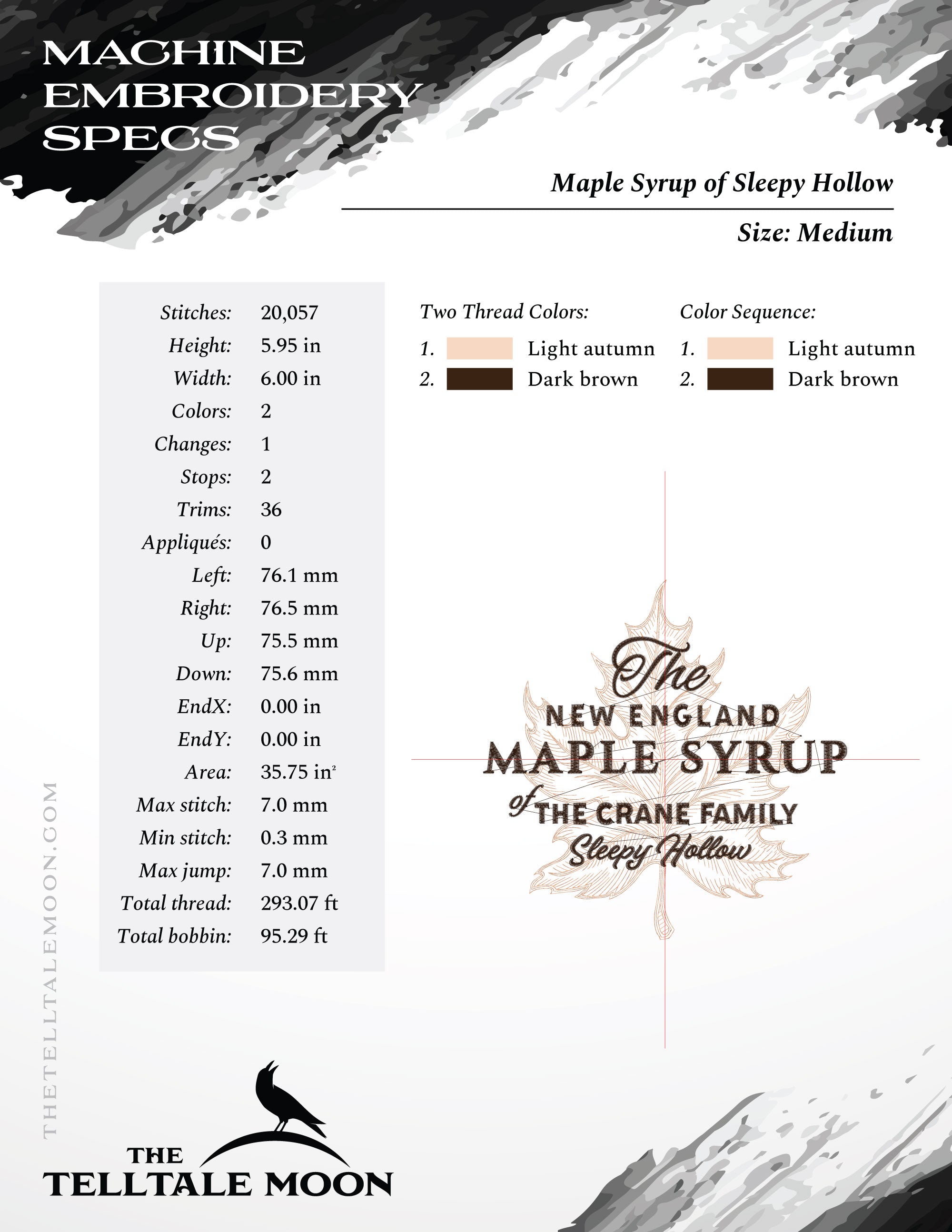 Embroidery: Sleepy Hollow Maple Syrup Design - 6, 7, and 8 Inches