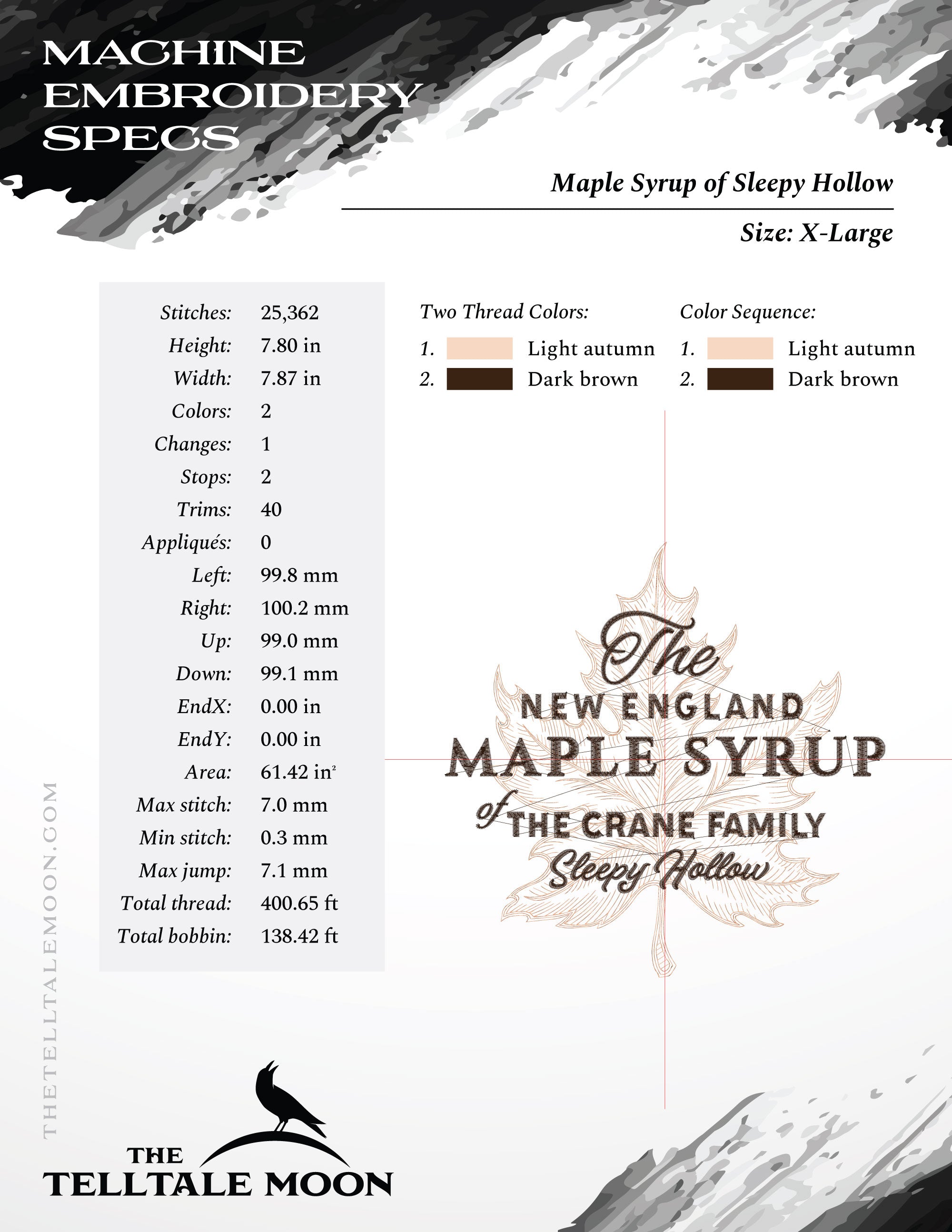 Embroidery: Sleepy Hollow Maple Syrup Design - 6, 7, and 8 Inches