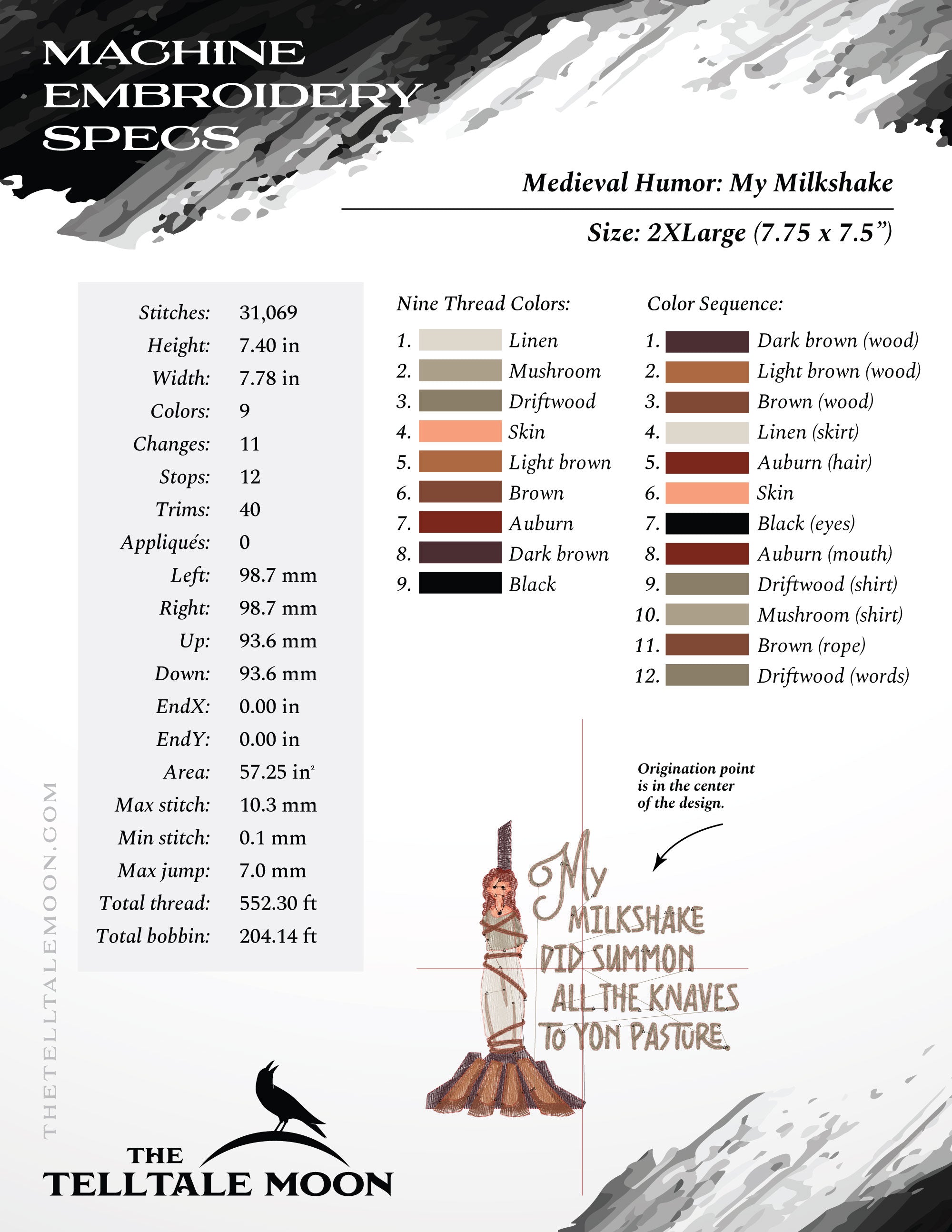 Embroidery: Medieval Humor "My Milkshake" - Six Sizes About 4 to 9 Inches Tall