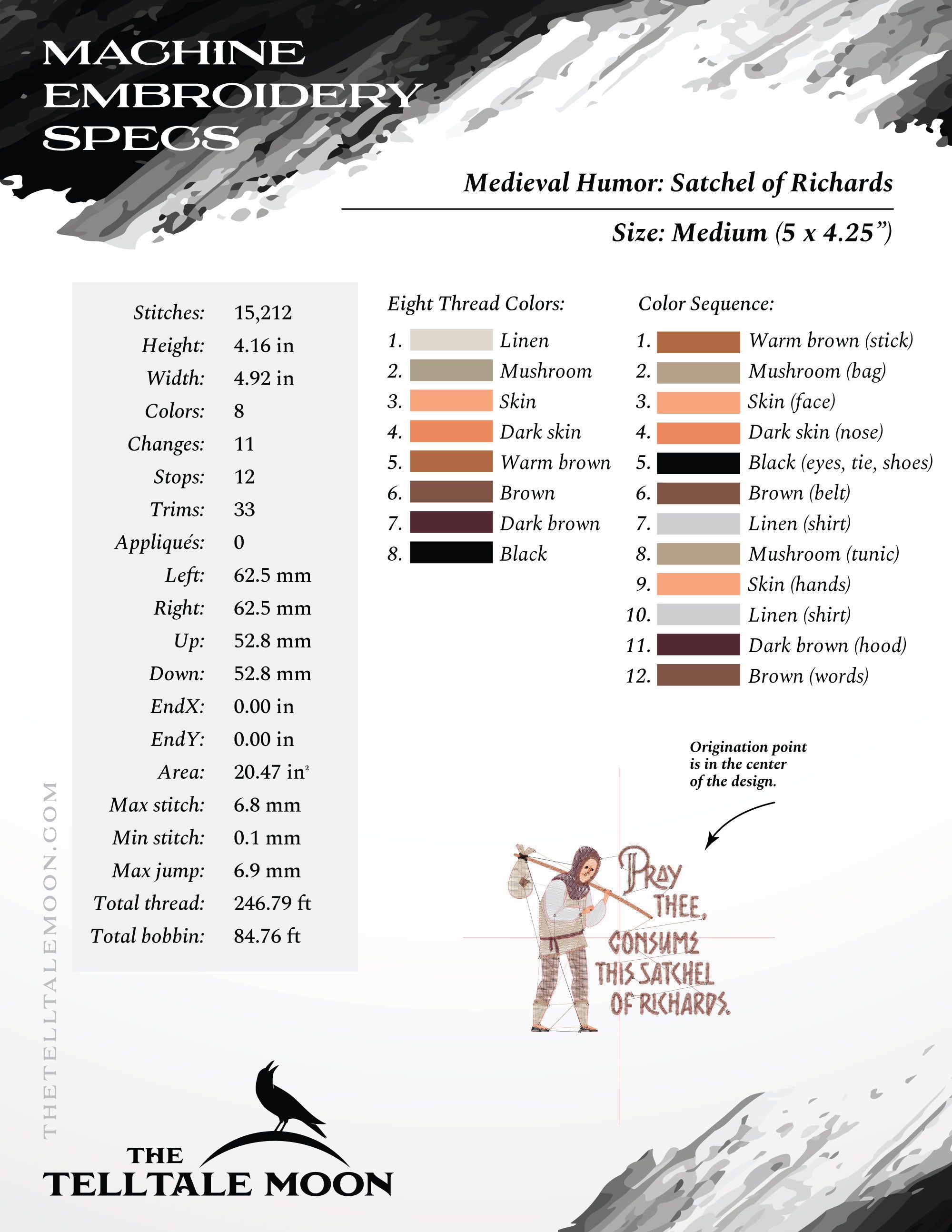 Embroidery: Medieval Humor "Satchel of Richards" - Six Sizes About 4 to 9 Inches Wide