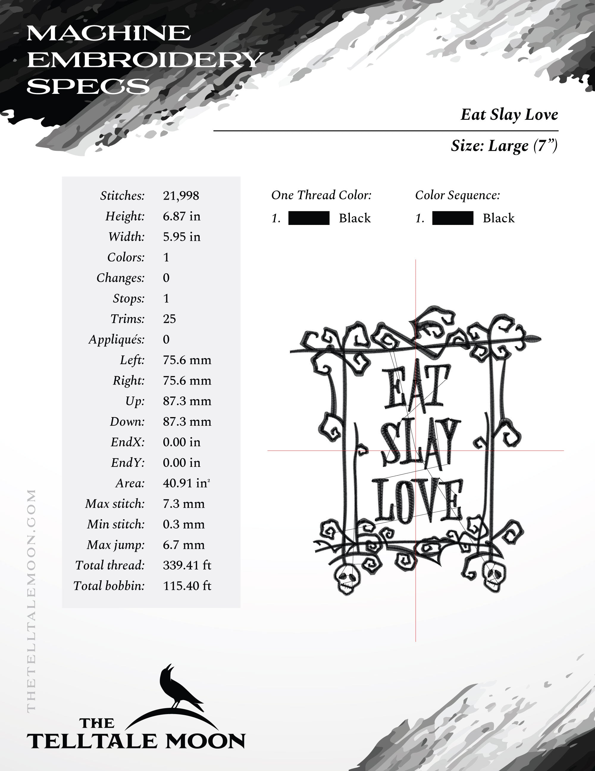 Embroidery: "Eat Slay Love" Gothic Humor - Four Sizes About 6, 7, 8, and 9 Inches Tall