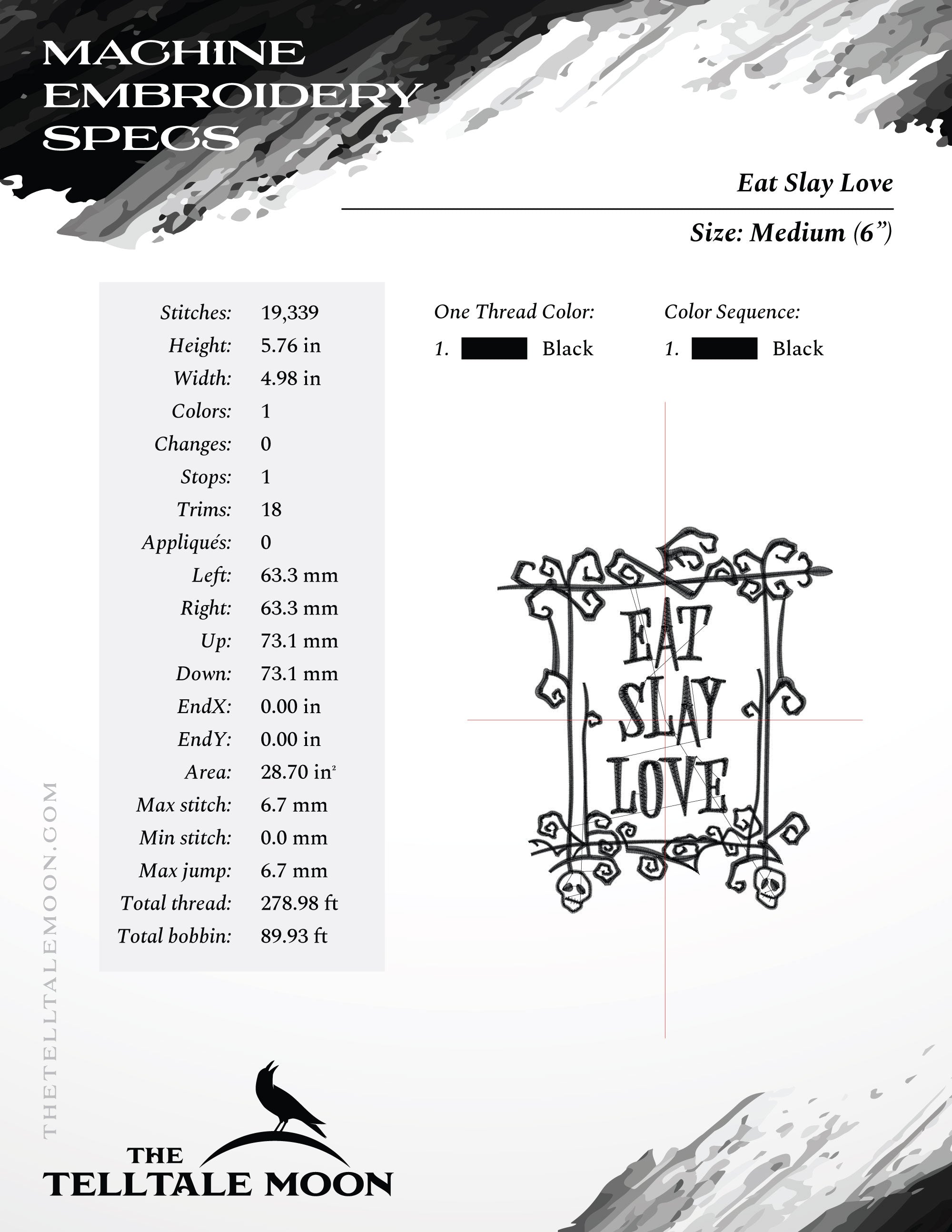 Embroidery: "Eat Slay Love" Gothic Humor - Four Sizes About 6, 7, 8, and 9 Inches Tall