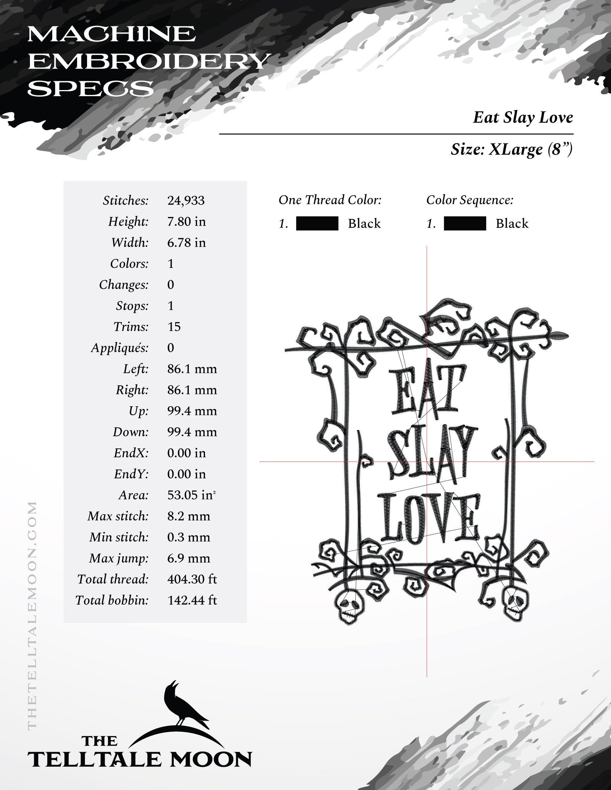 Embroidery: "Eat Slay Love" Gothic Humor - Four Sizes About 6, 7, 8, and 9 Inches Tall