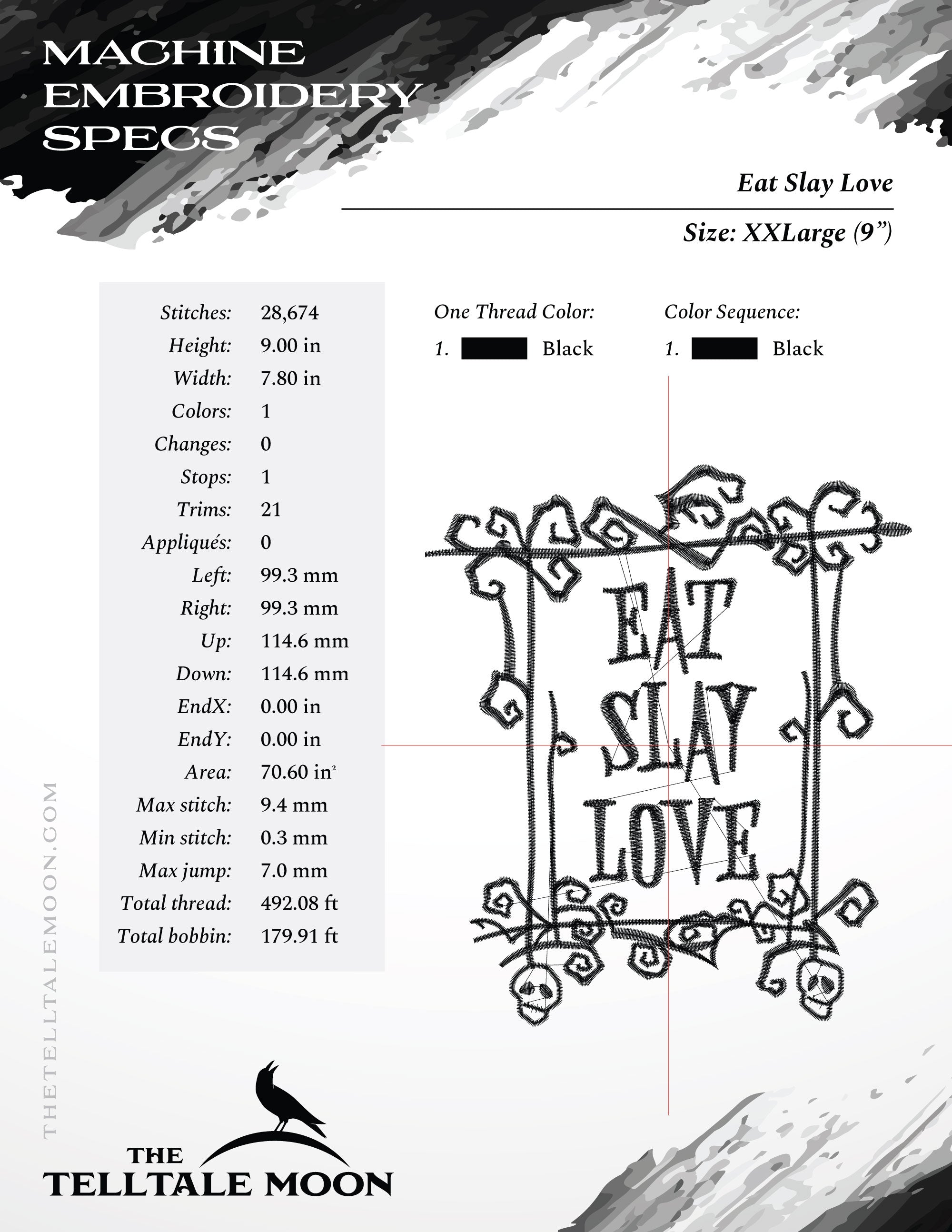 Embroidery: "Eat Slay Love" Gothic Humor - Four Sizes About 6, 7, 8, and 9 Inches Tall