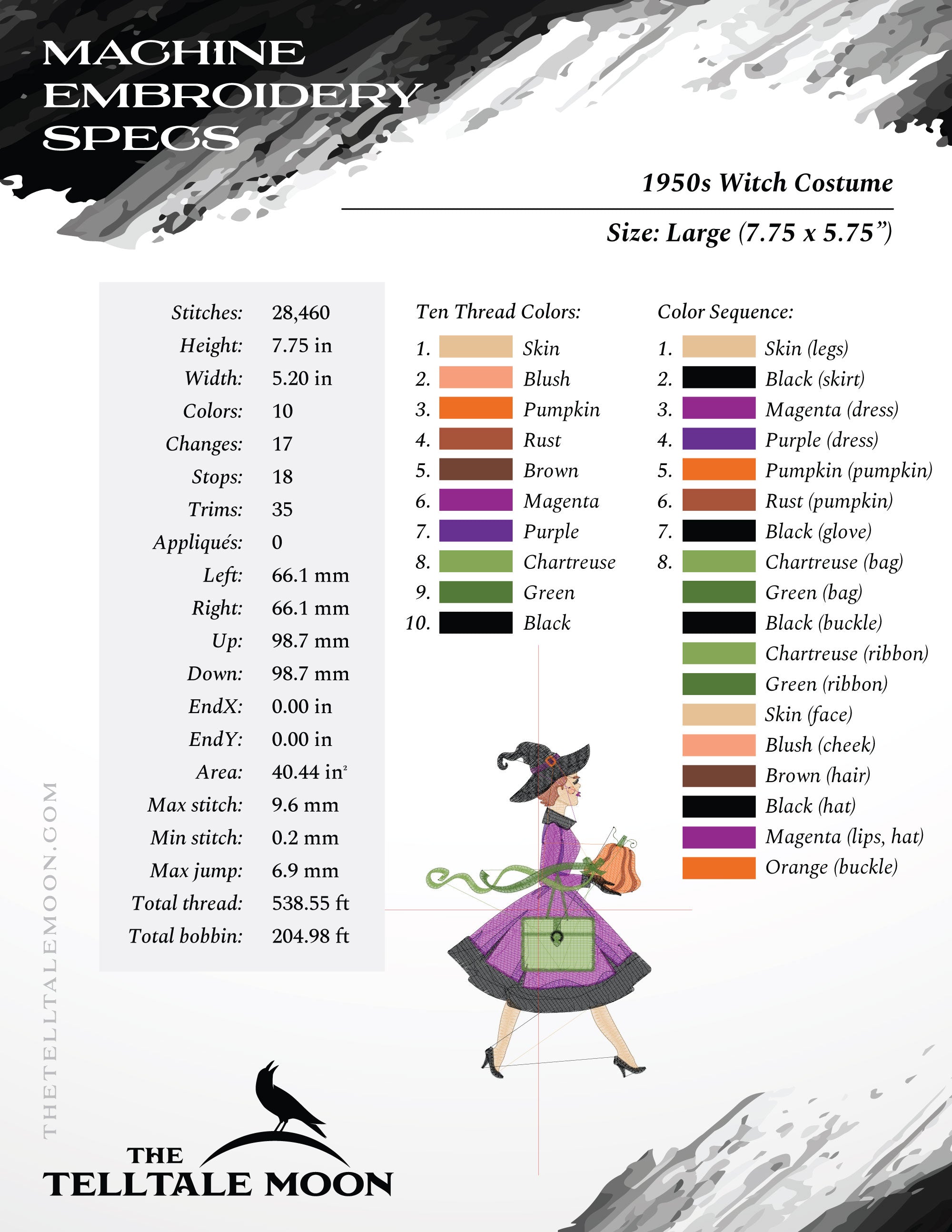 Embroidery: 1950s Witch Costume - 6, 7, and 8 Inches Tall