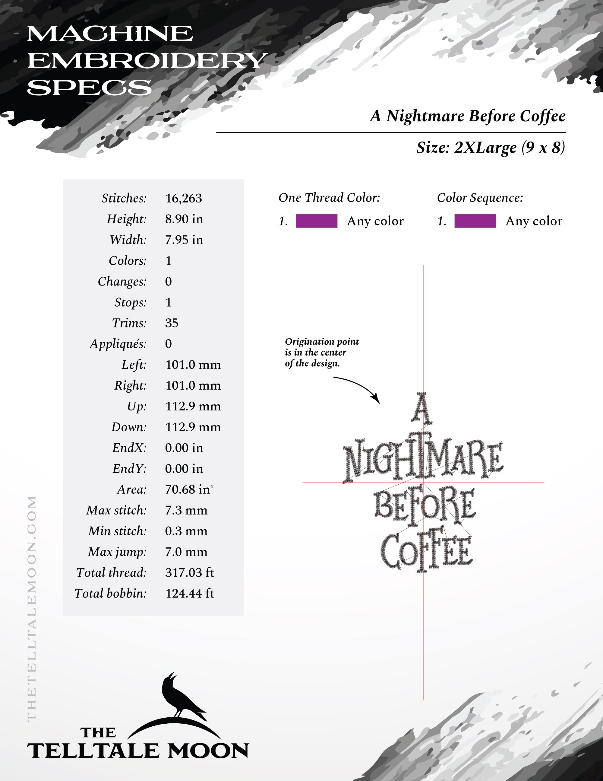 Embroidery: "A Nightmare Before Coffee" - Seven Sizes 4 to 12 Inches Tall