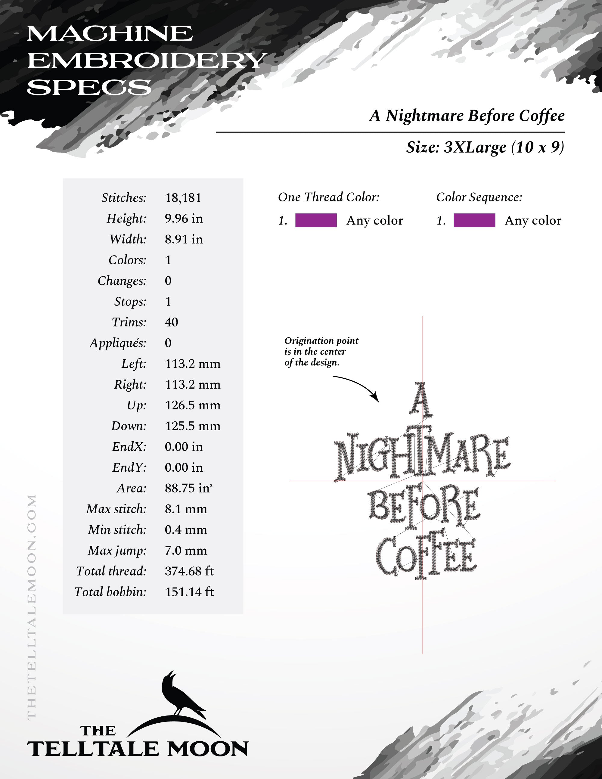 Embroidery: "A Nightmare Before Coffee" - Seven Sizes 4 to 12 Inches Tall