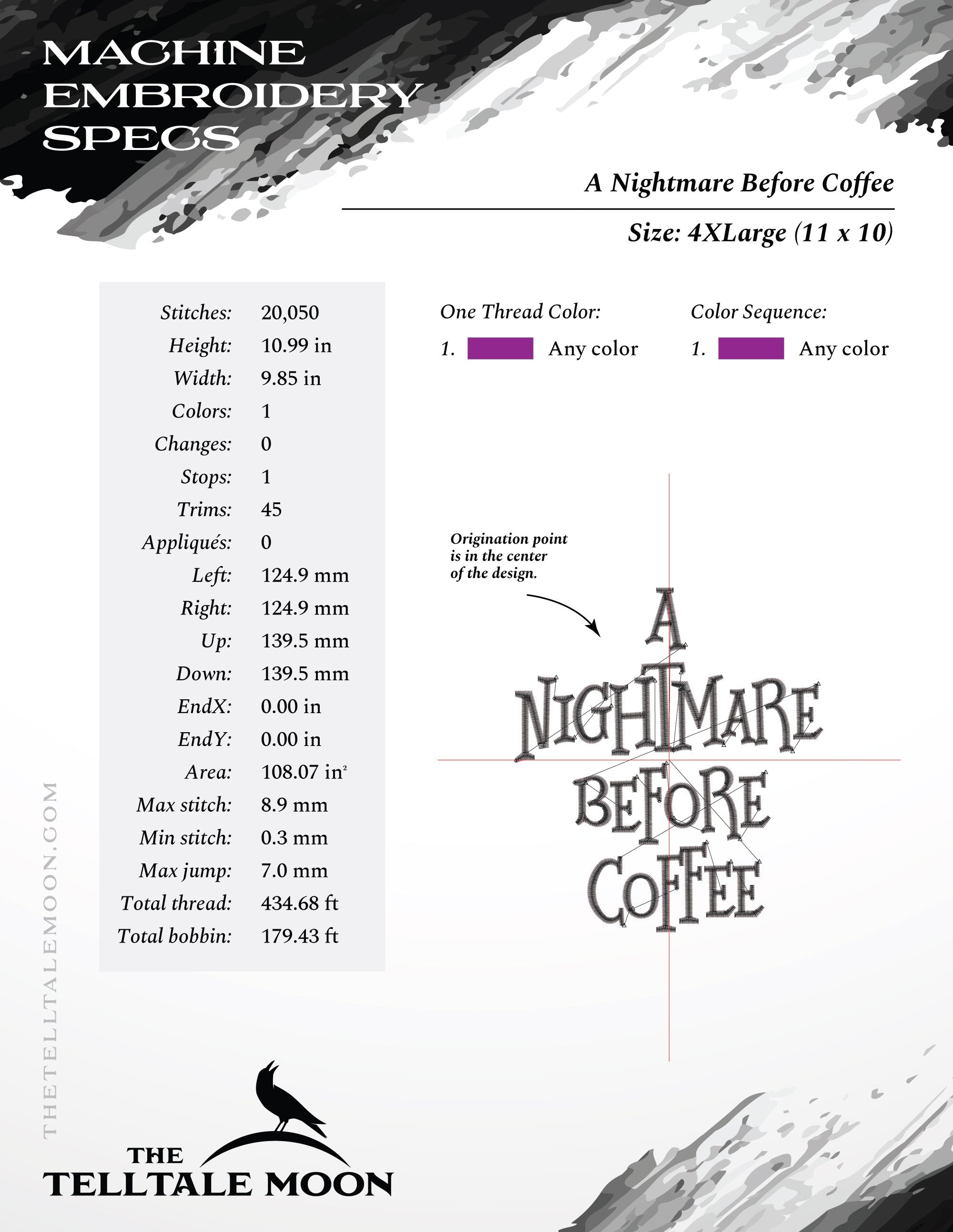 Embroidery: "A Nightmare Before Coffee" - Seven Sizes 4 to 12 Inches Tall