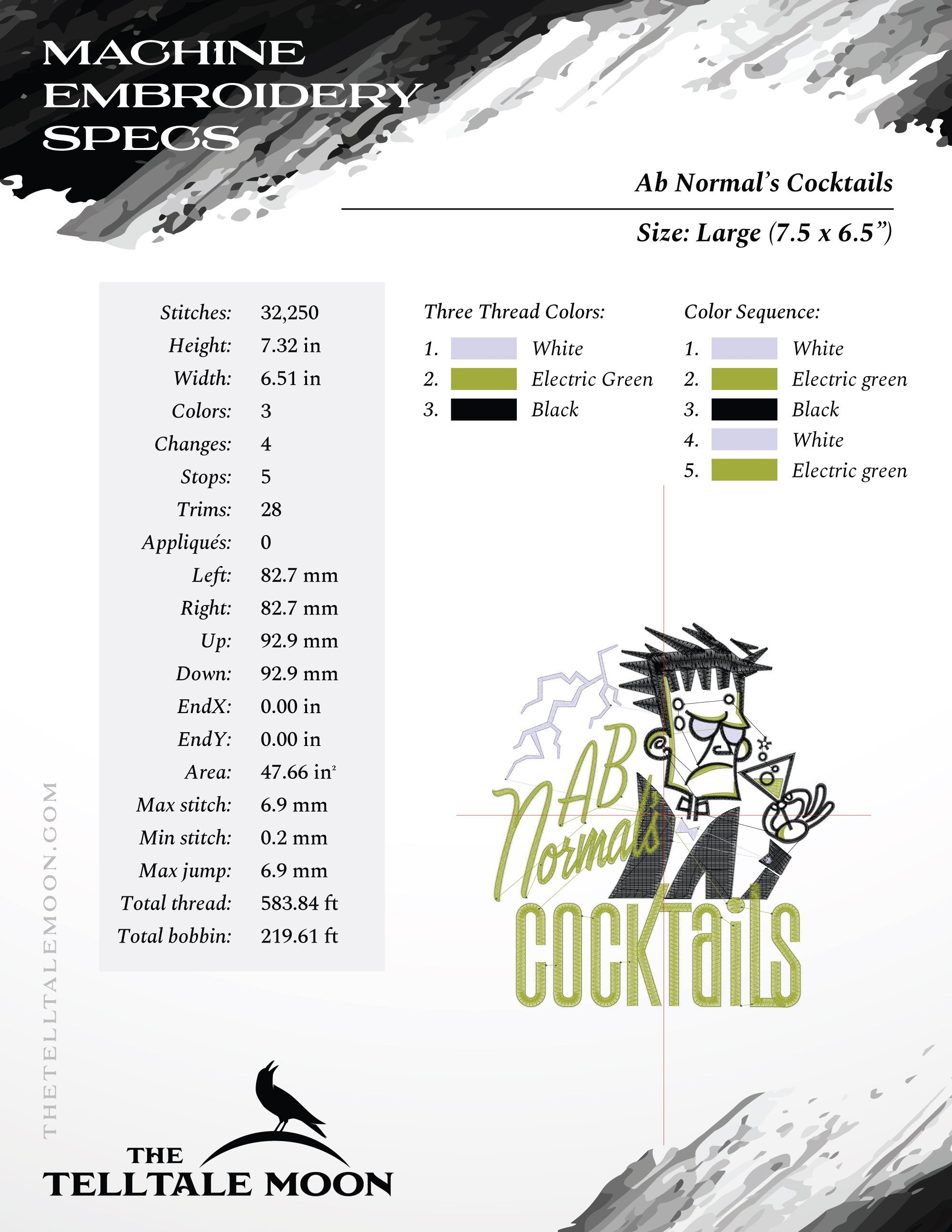 Embroidery: Retro-style Frankenstein's Monster Cocktail Label - Four Sizes 5 to 8 Inches