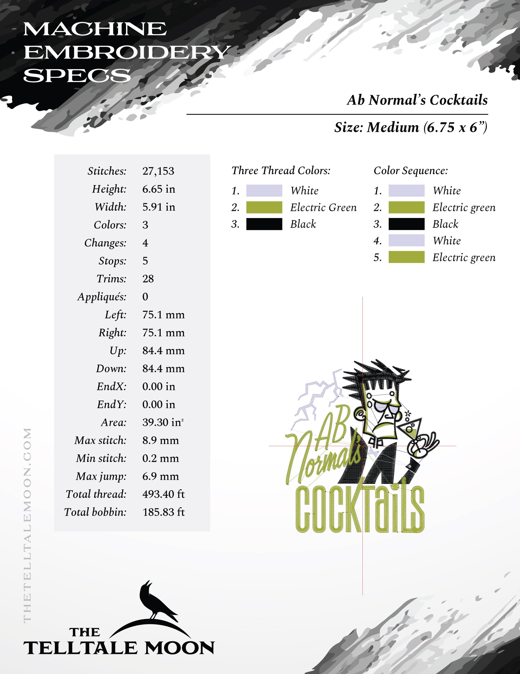 Embroidery: Retro-style Frankenstein's Monster Cocktail Label - Four Sizes 5 to 8 Inches