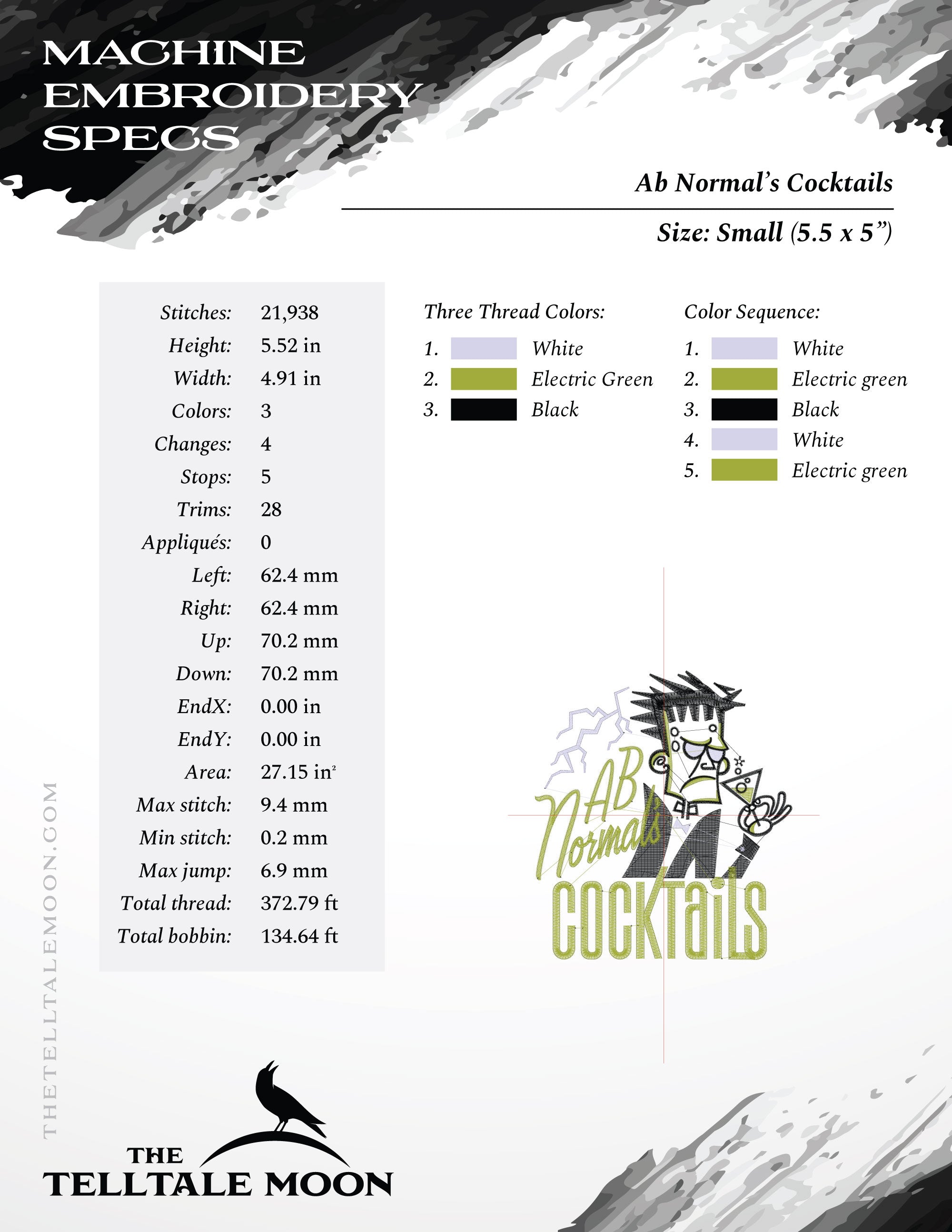Embroidery: Retro-style Frankenstein's Monster Cocktail Label - Four Sizes 5 to 8 Inches