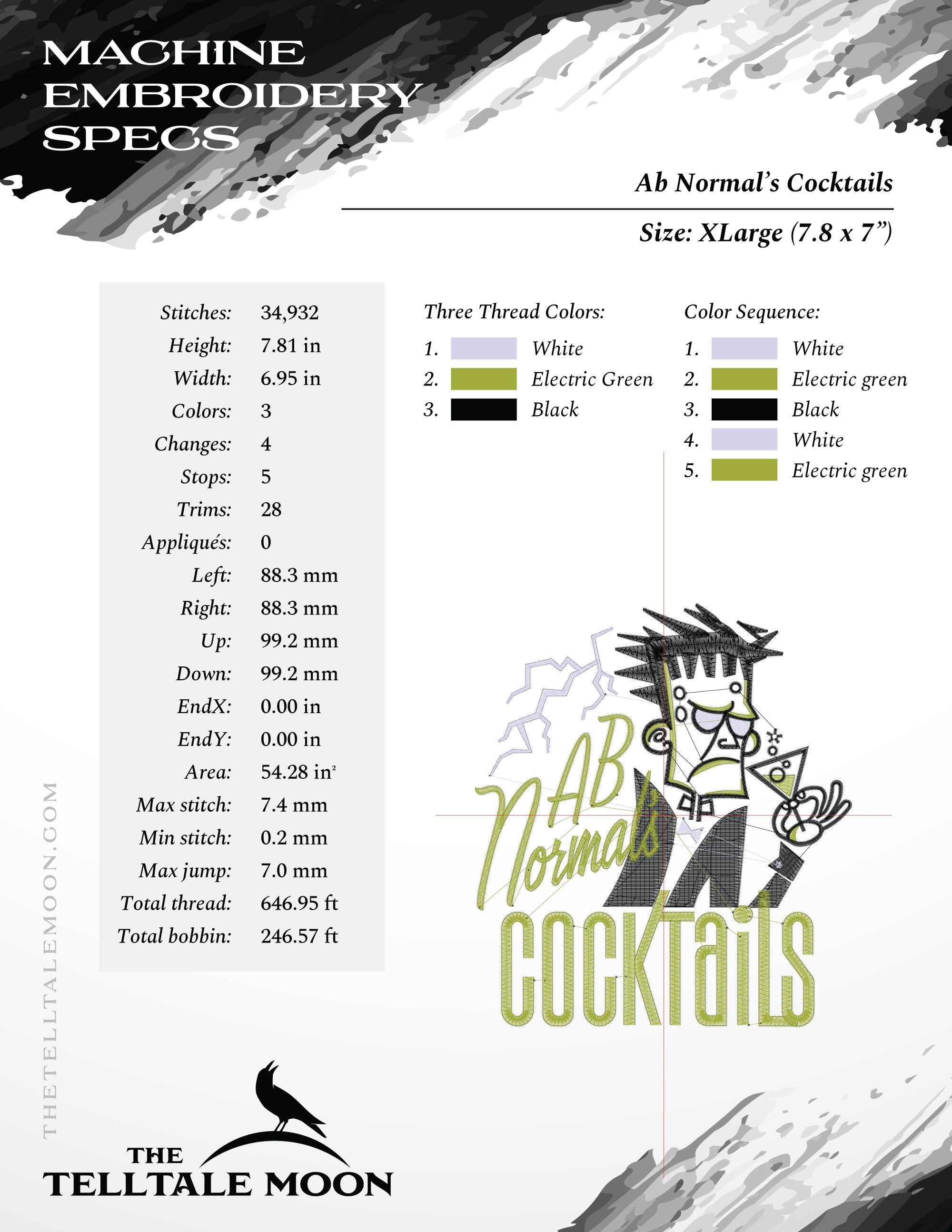 Embroidery: Retro-style Frankenstein's Monster Cocktail Label - Four Sizes 5 to 8 Inches