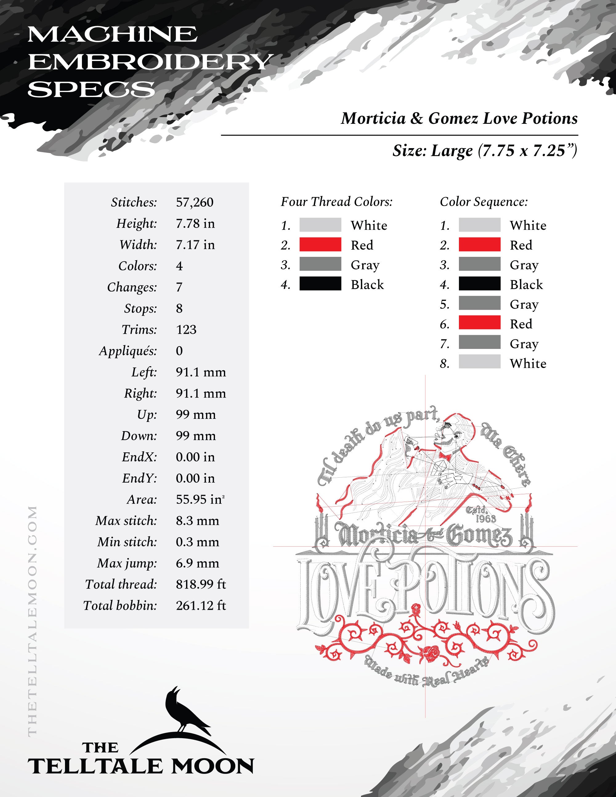 Embroidery: Gothic "Love Potions" - 7.75 Inches - Four Thread Colors