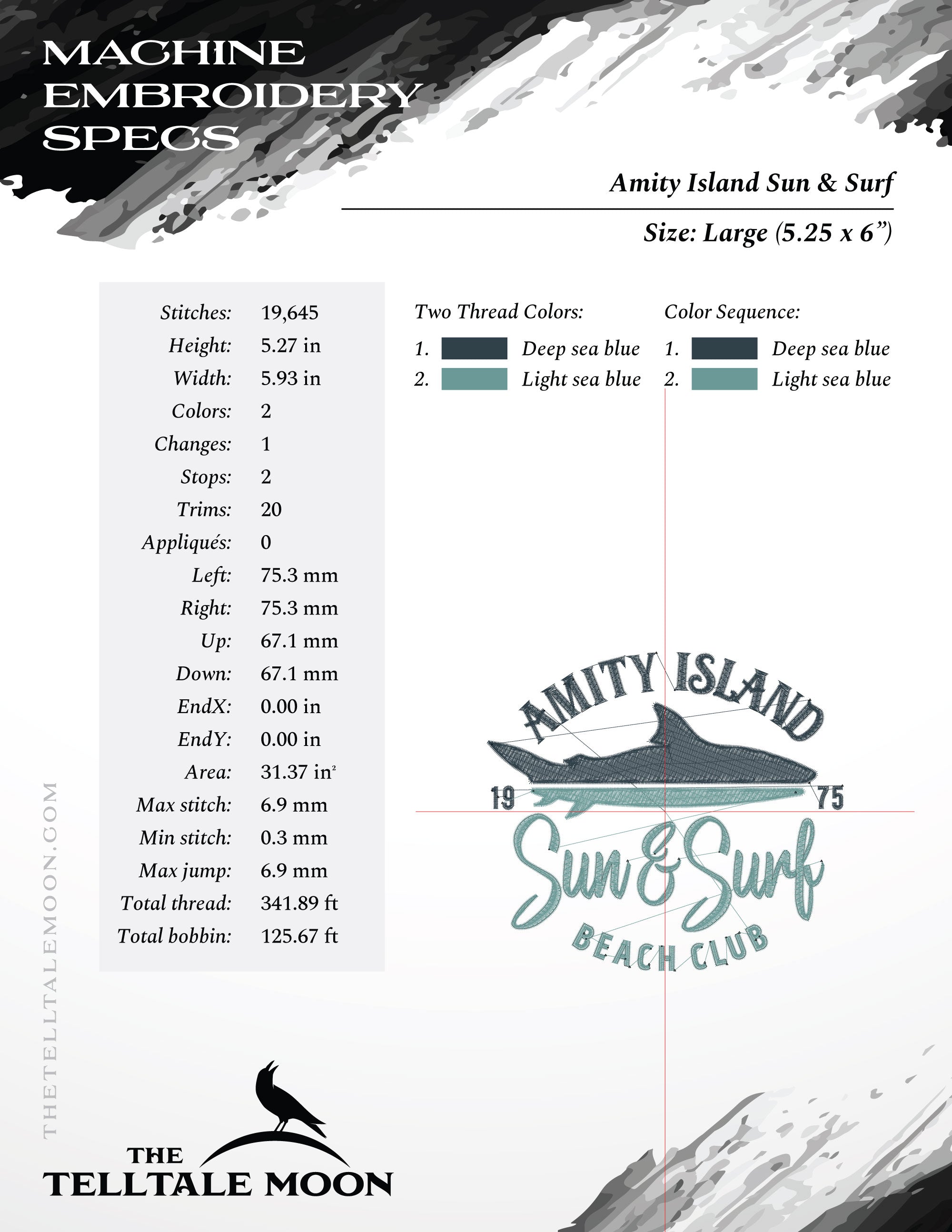 Embroidery: Retro Style Jaws-inspired "Amity Island Sun & Surf" Humor - 4, 5, 6, and 7 Inches