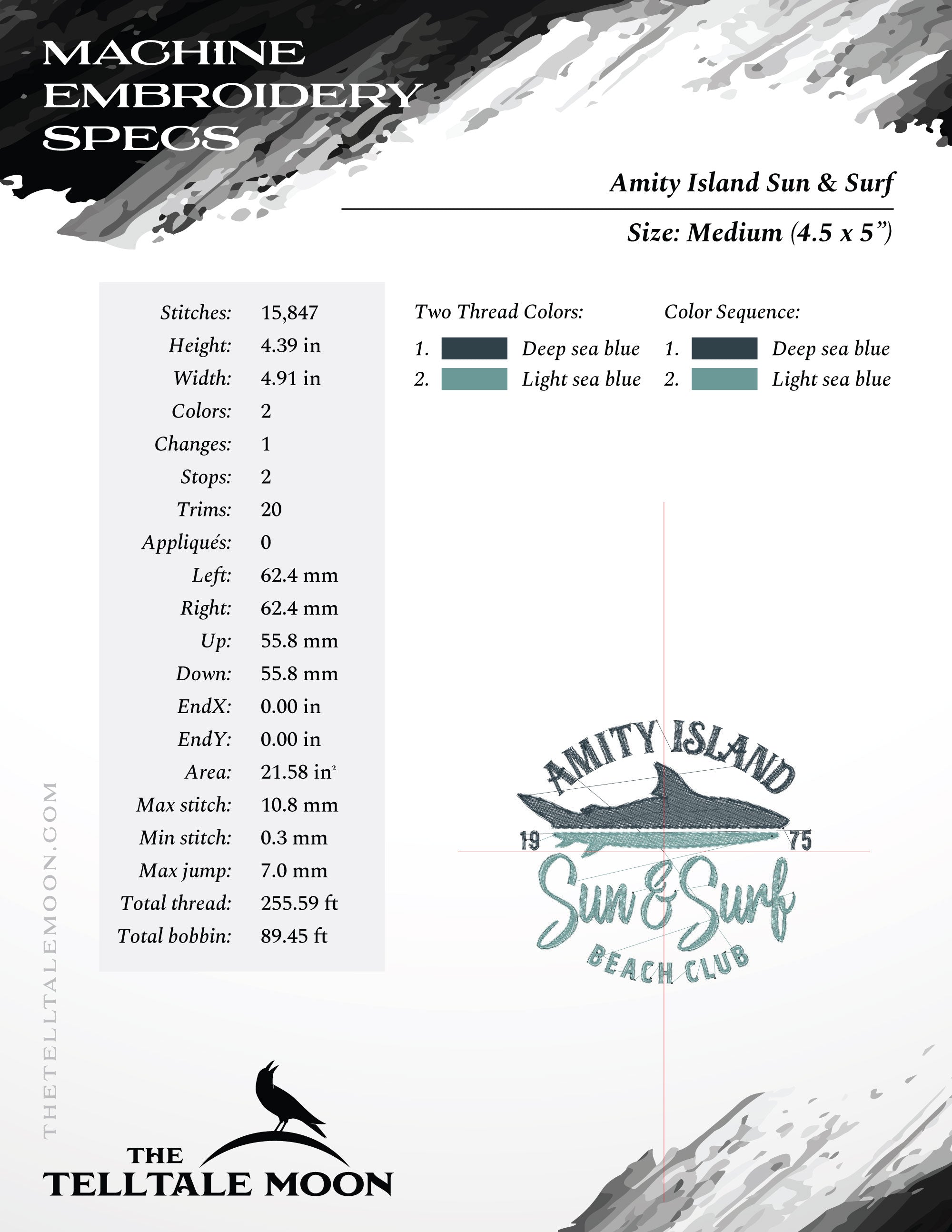 Embroidery: Retro Style Jaws-inspired "Amity Island Sun & Surf" Humor - 4, 5, 6, and 7 Inches