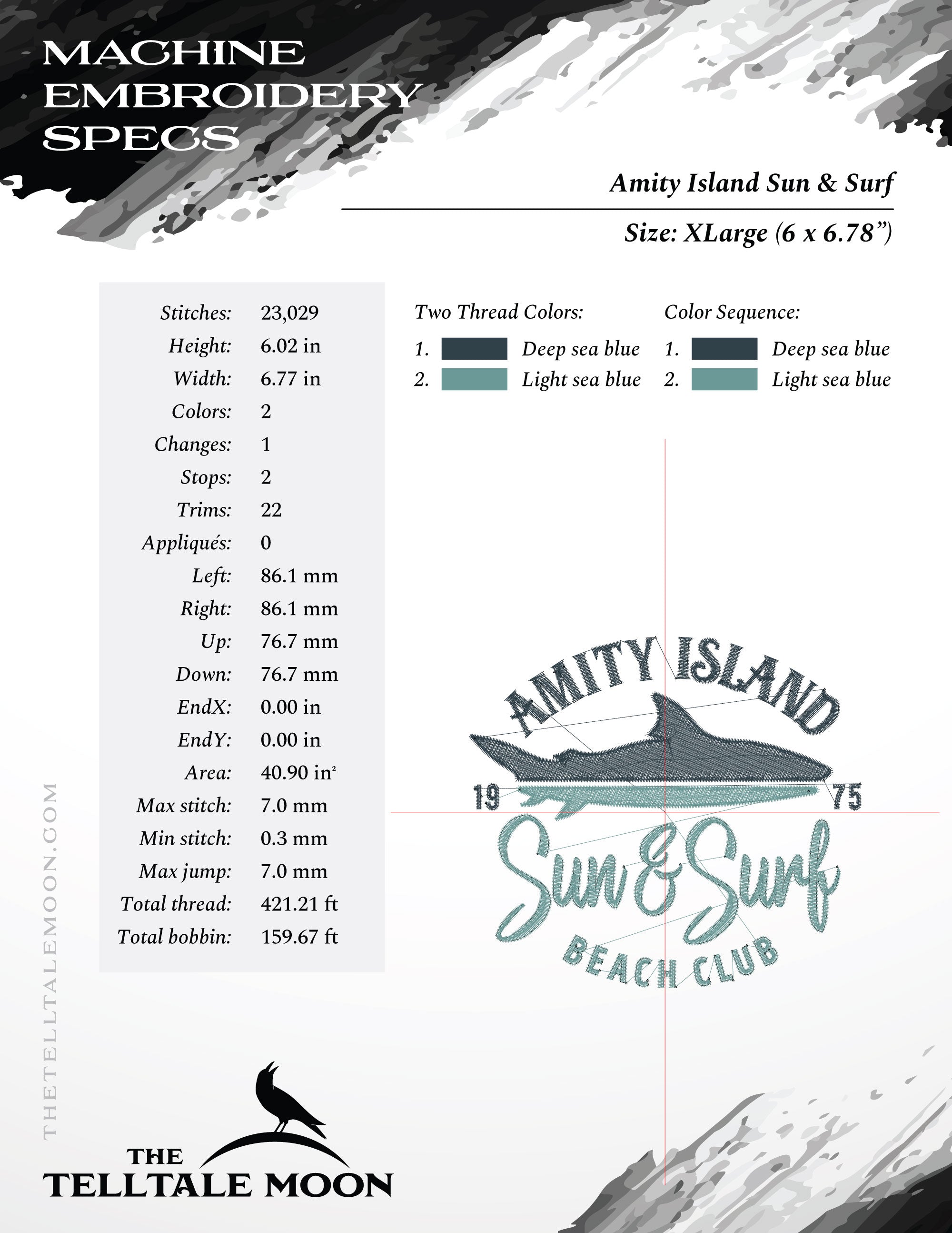 Embroidery: Retro Style Jaws-inspired "Amity Island Sun & Surf" Humor - 4, 5, 6, and 7 Inches