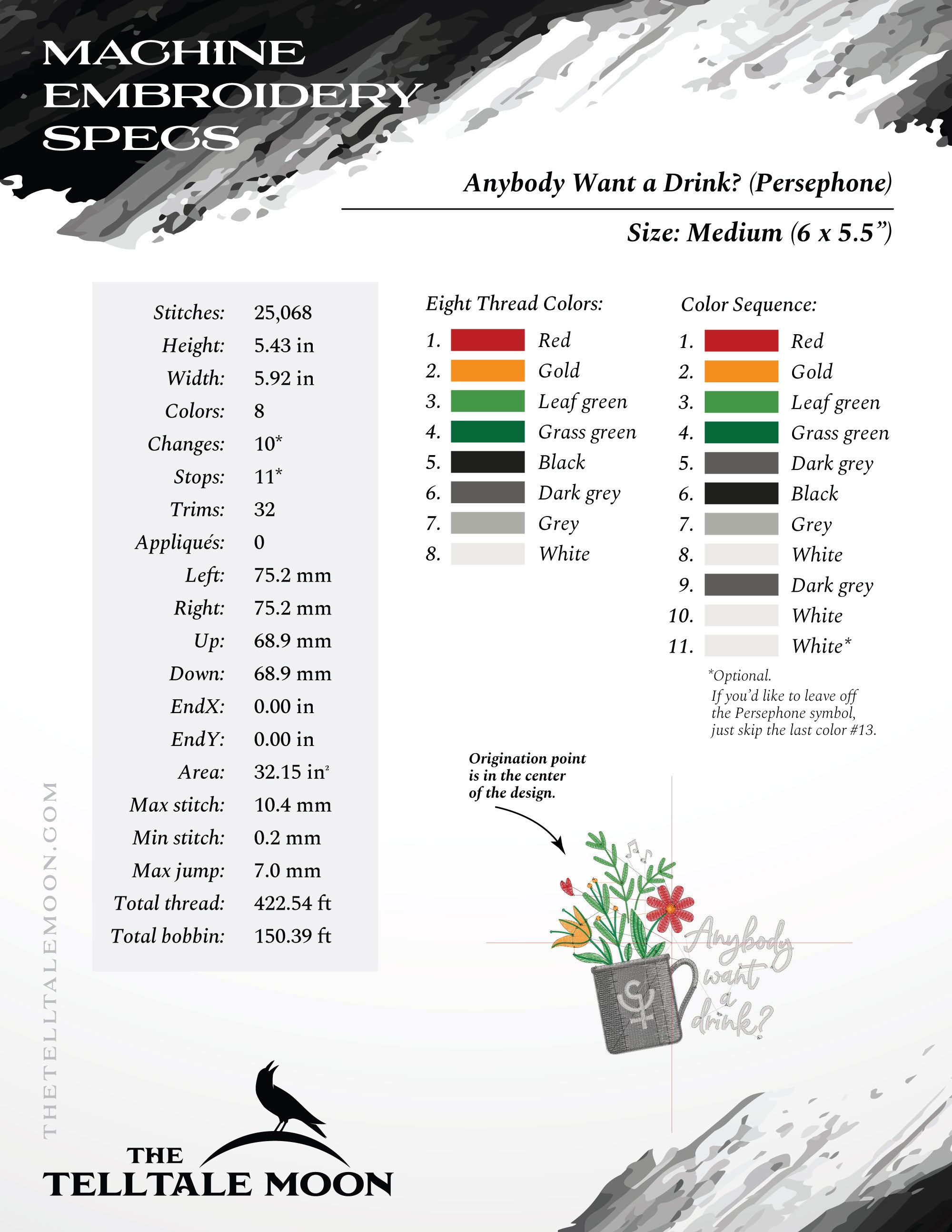 Embroidery: "Anybody Want a Drink?" Persephone Musical Quote - Five Sizes Between 5 and 9 Inches