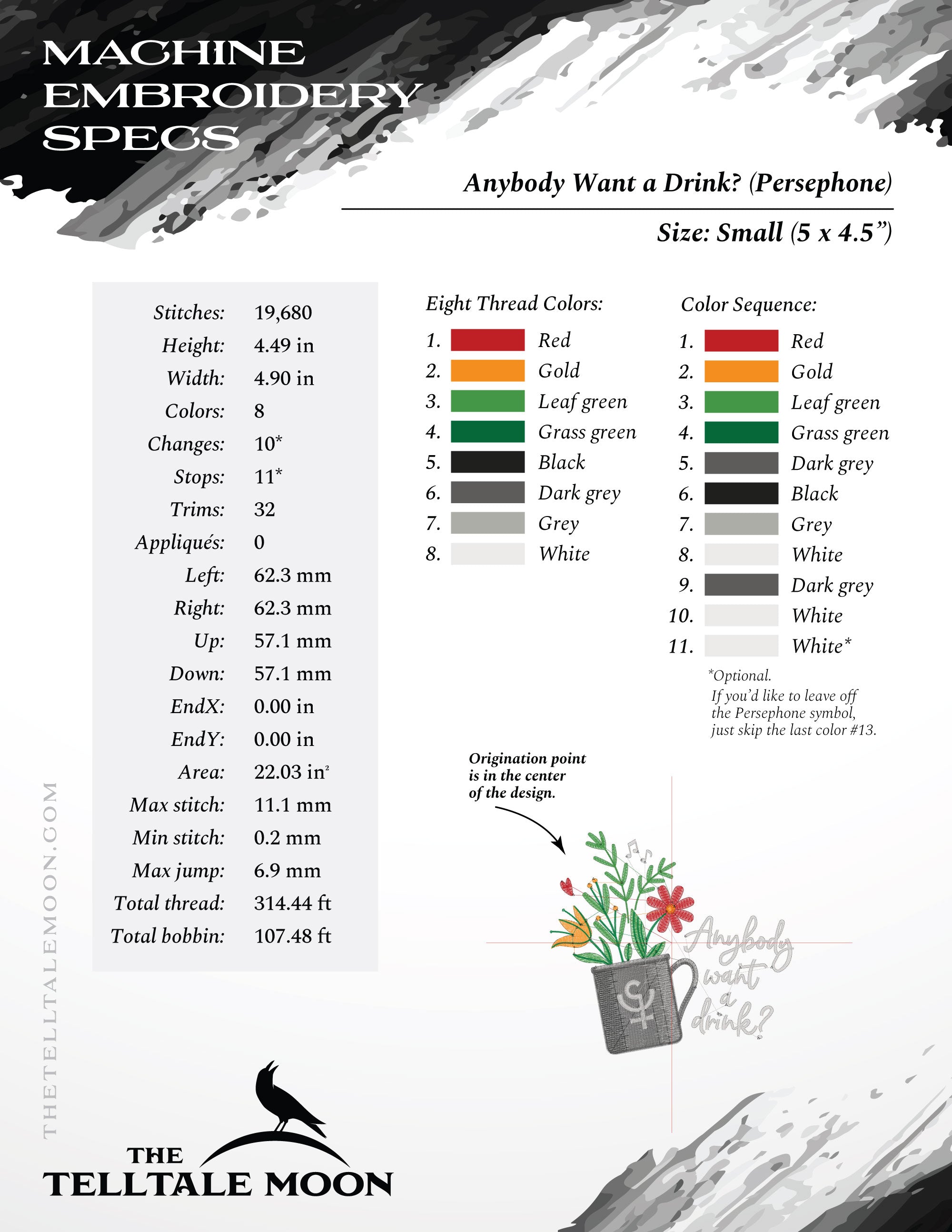 Embroidery: "Anybody Want a Drink?" Persephone Musical Quote - Five Sizes Between 5 and 9 Inches