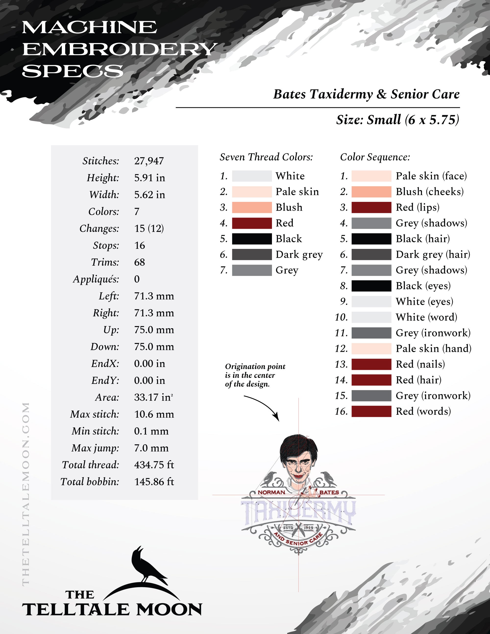 Embroidery: "Bates Taxidermy" Sign - Several Sizes From 5 to 10 Inches, Plus Face Icon