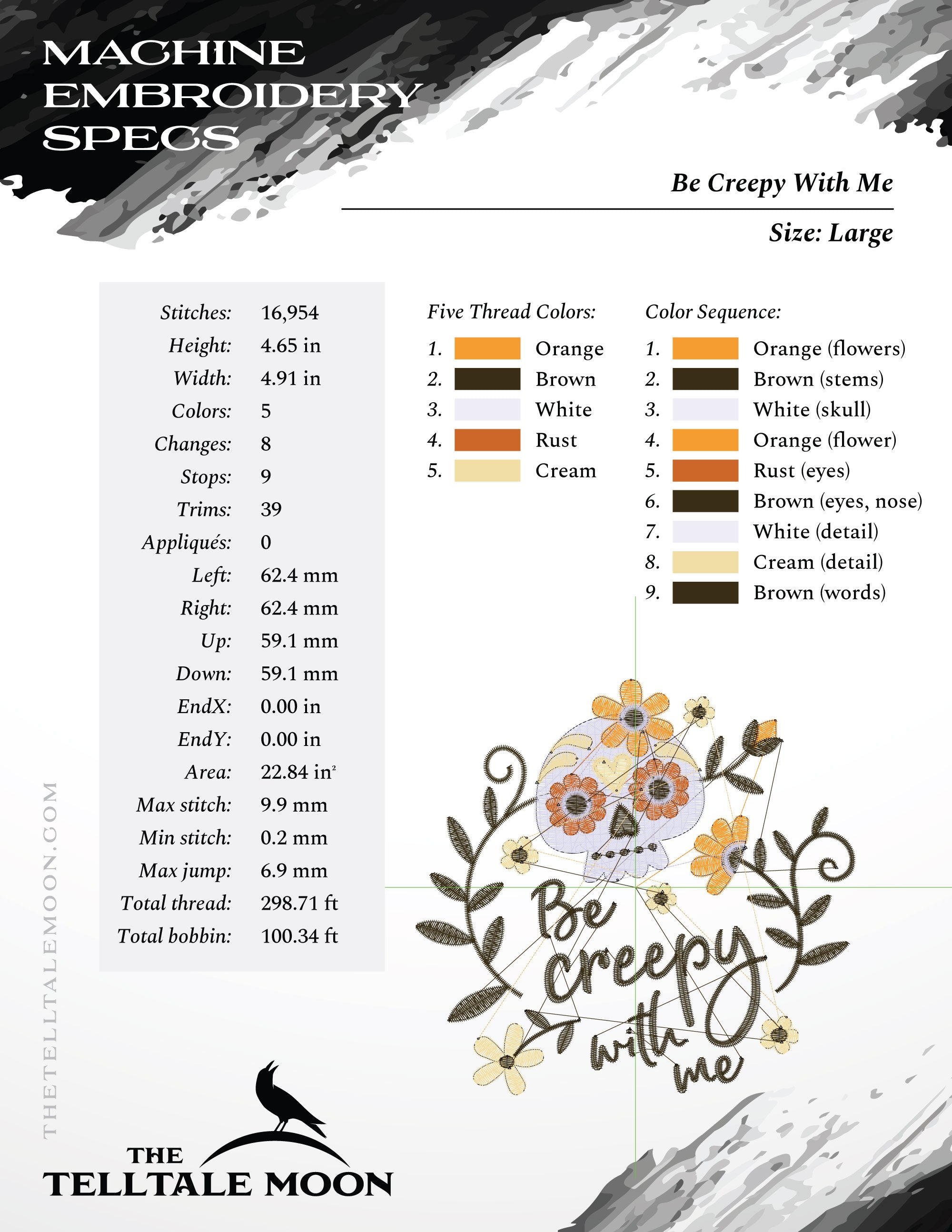 Embroidery: "Be Creepy with Me" Cute Sugar Skull Design - 3.5, 4, and 5 Inches Tall