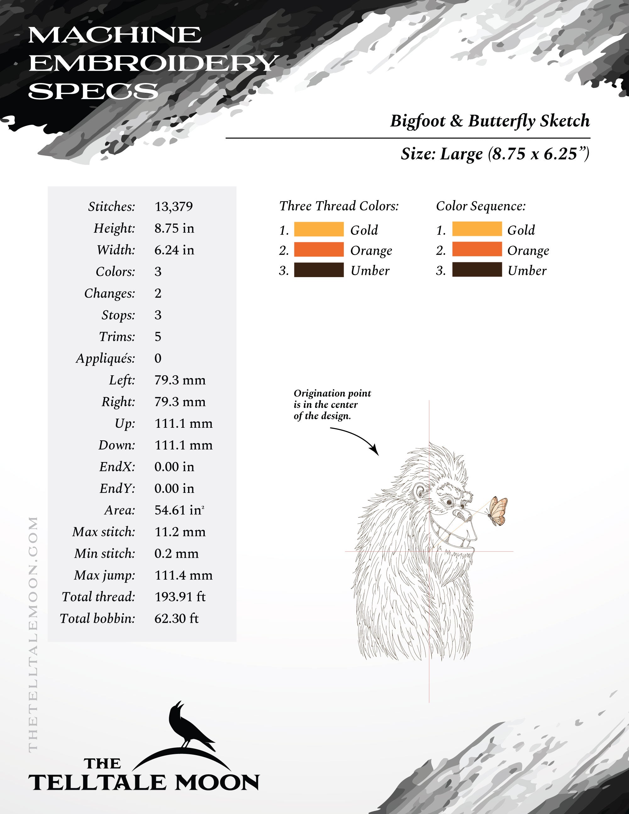 Bigfoot & Butterfly Sketch – Gentle Giant Embroidery Design – Six Sizes