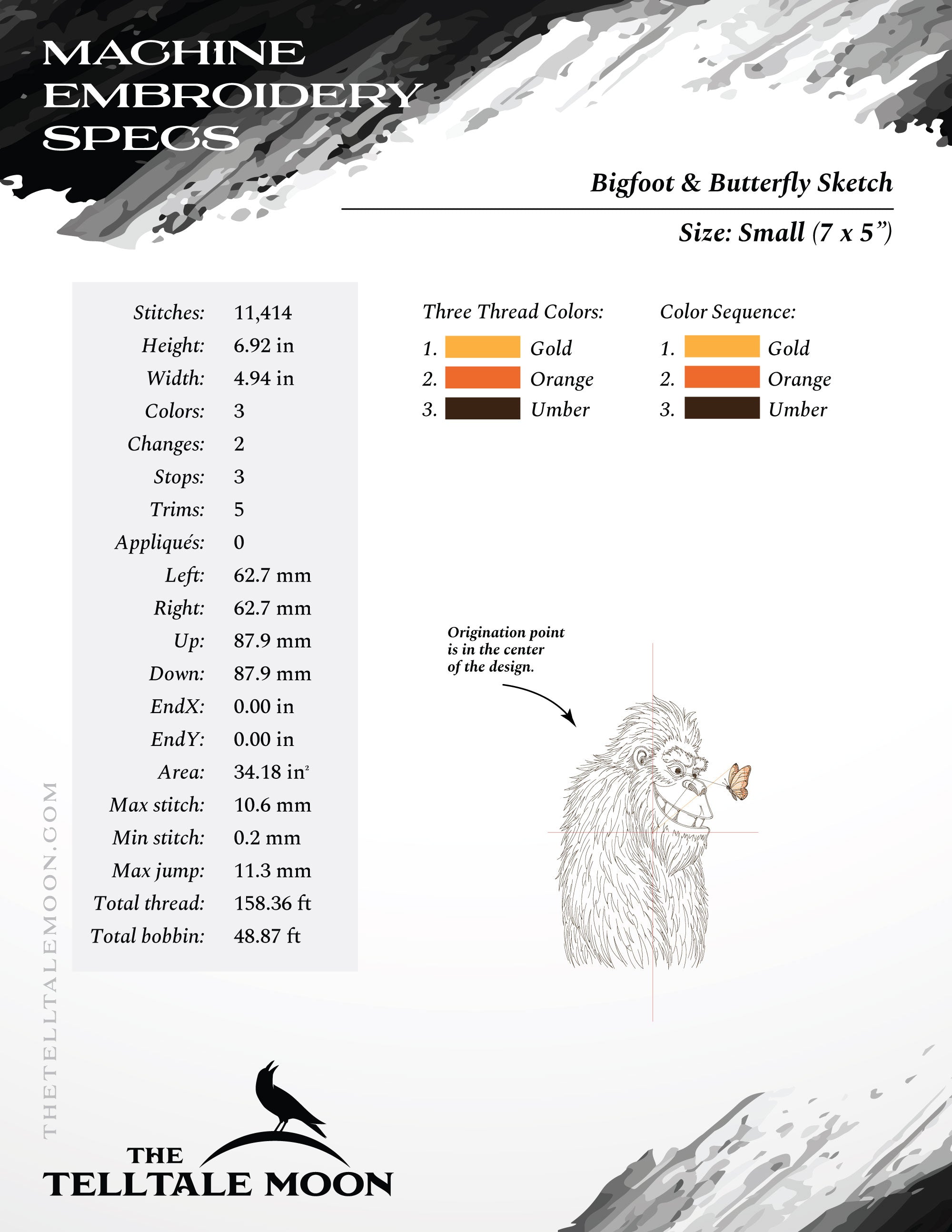 Bigfoot & Butterfly Sketch – Gentle Giant Embroidery Design – Six Sizes