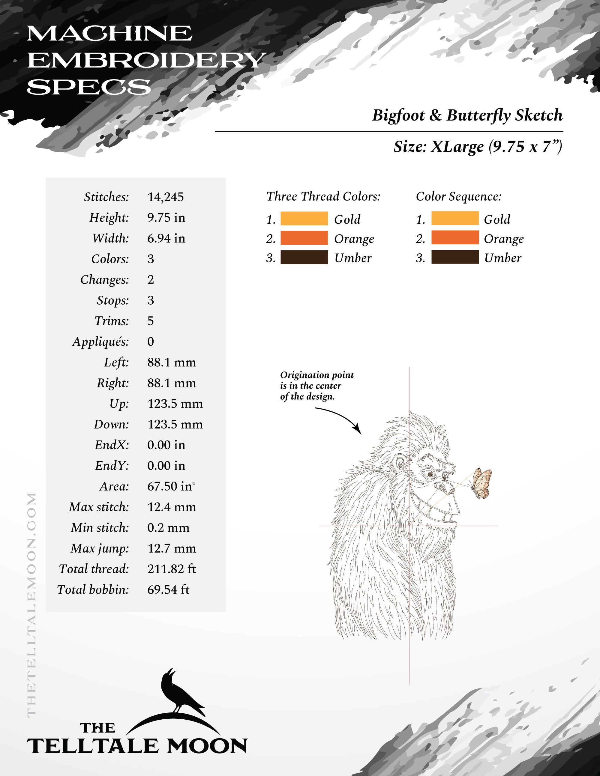 Bigfoot & Butterfly Sketch – Gentle Giant Embroidery Design – Six Sizes