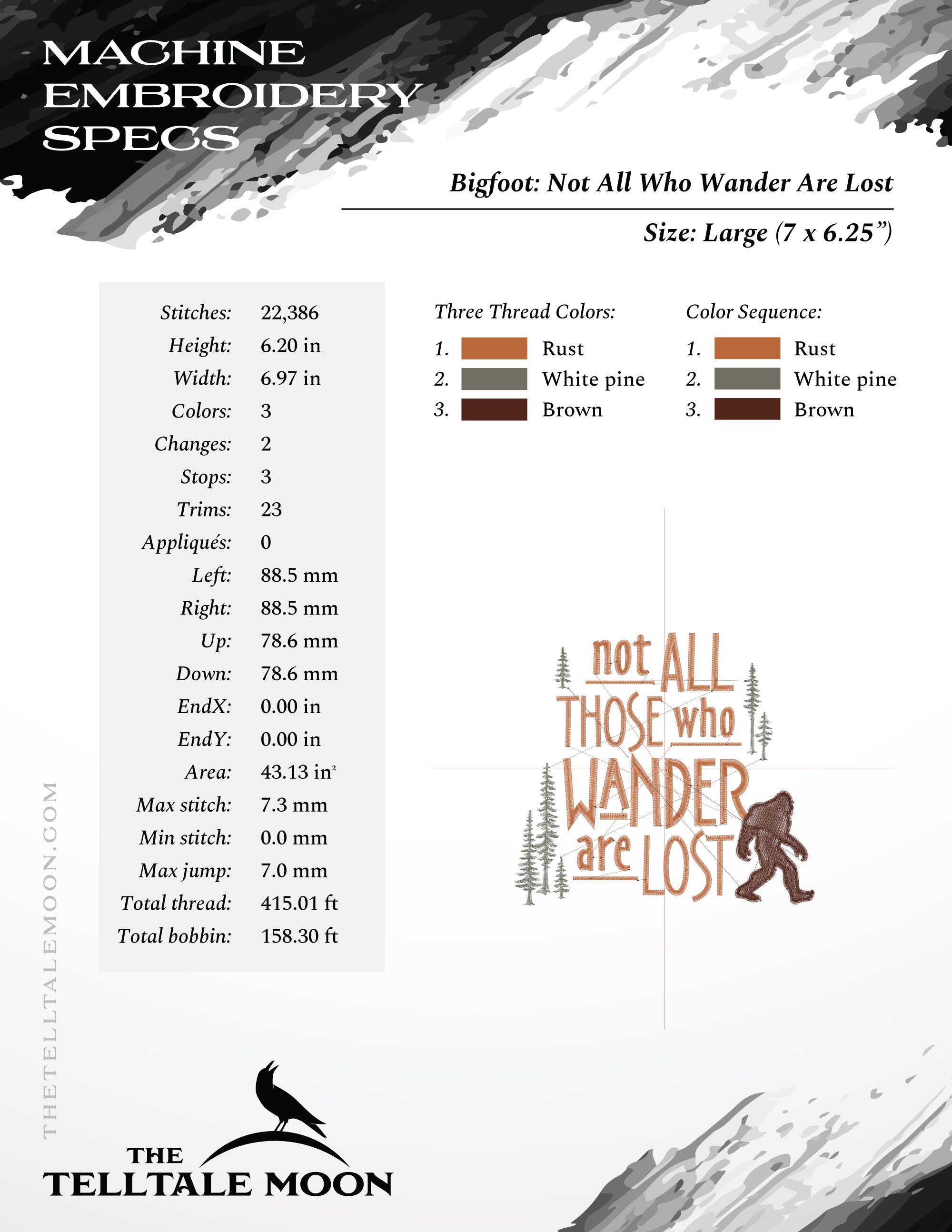 Embroidery: Bigfoot "Not All Those Who Wander" - Four Sizes Between 5.5 and 8 Inches Wide