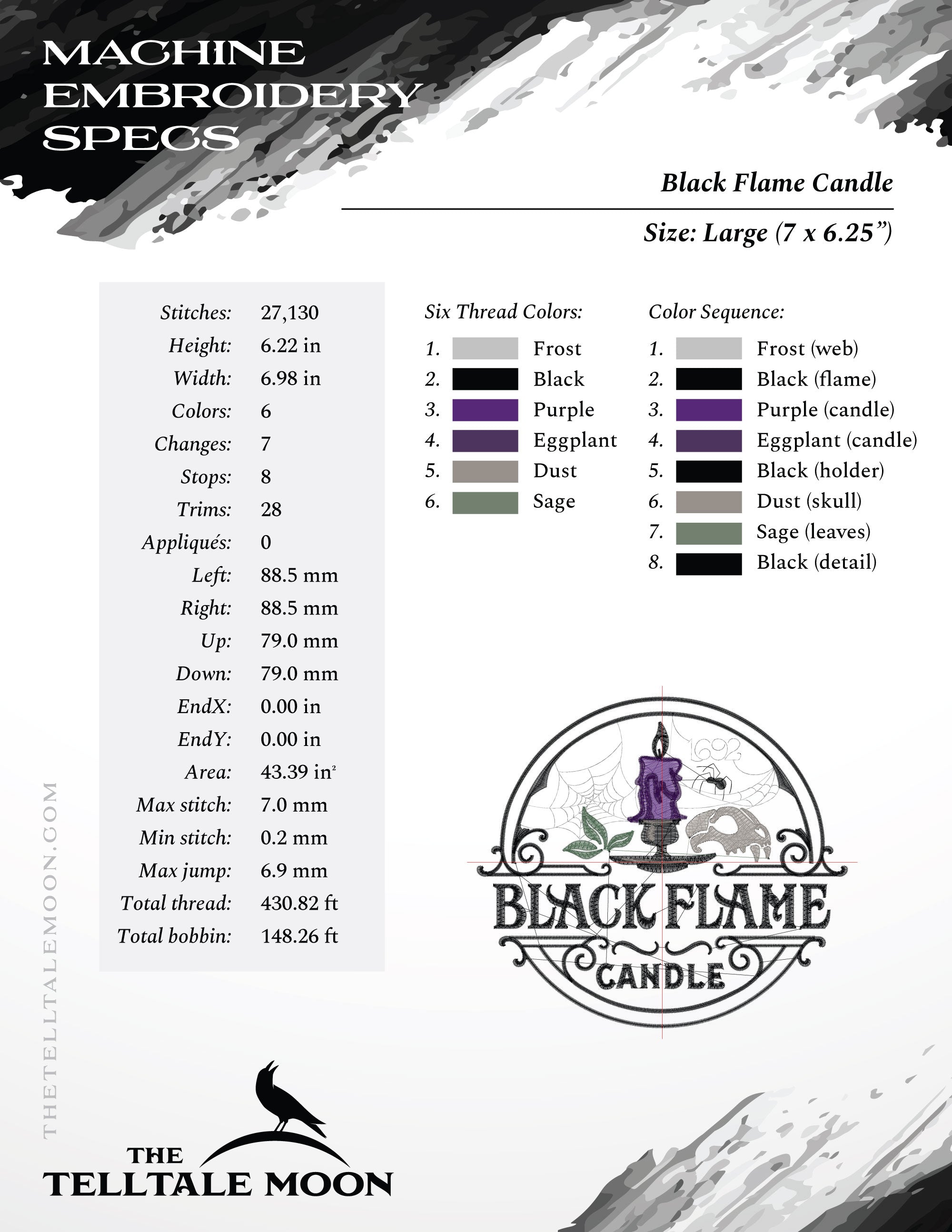Embroidery: "Black Flame Candle" Label - Five Sizes - Six Thread Colors