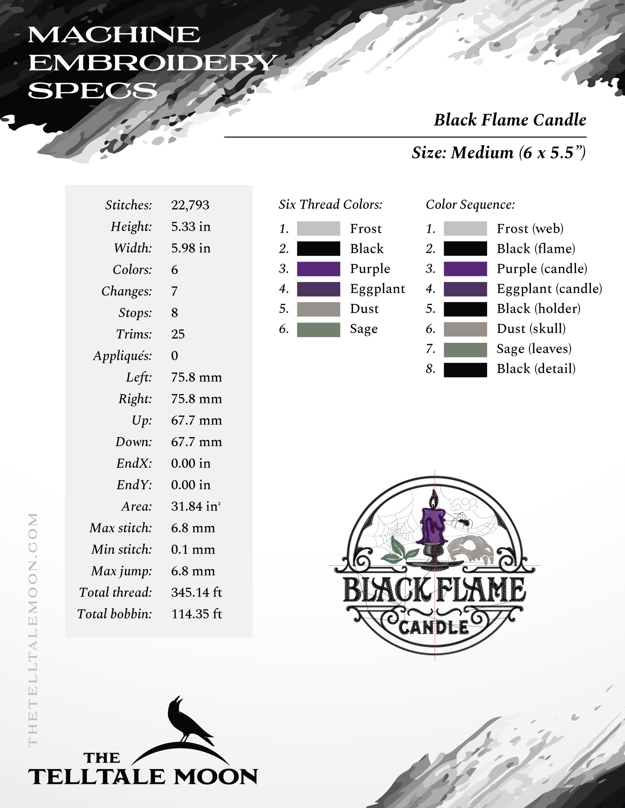 Embroidery: "Black Flame Candle" Label - Five Sizes - Six Thread Colors