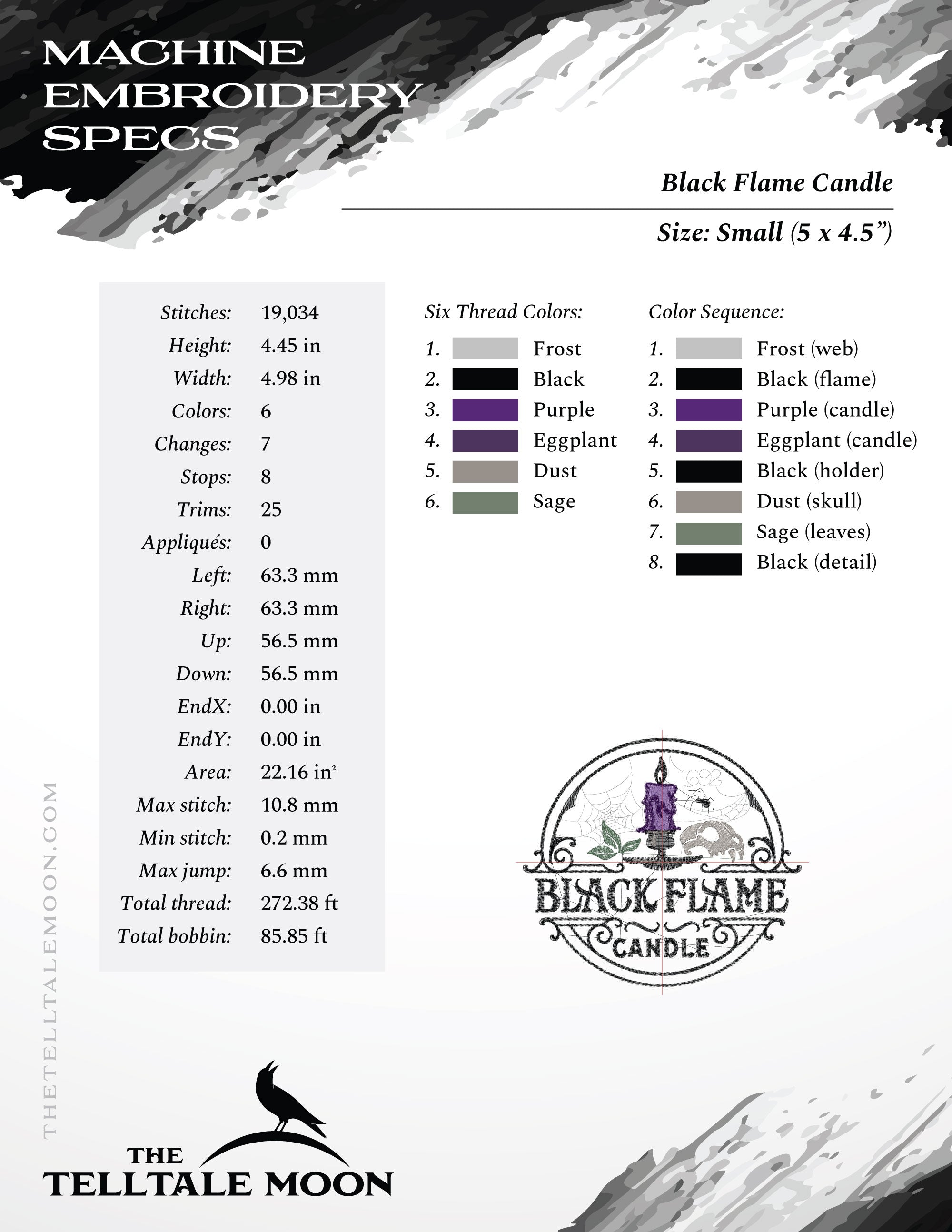Embroidery: "Black Flame Candle" Label - Five Sizes - Six Thread Colors