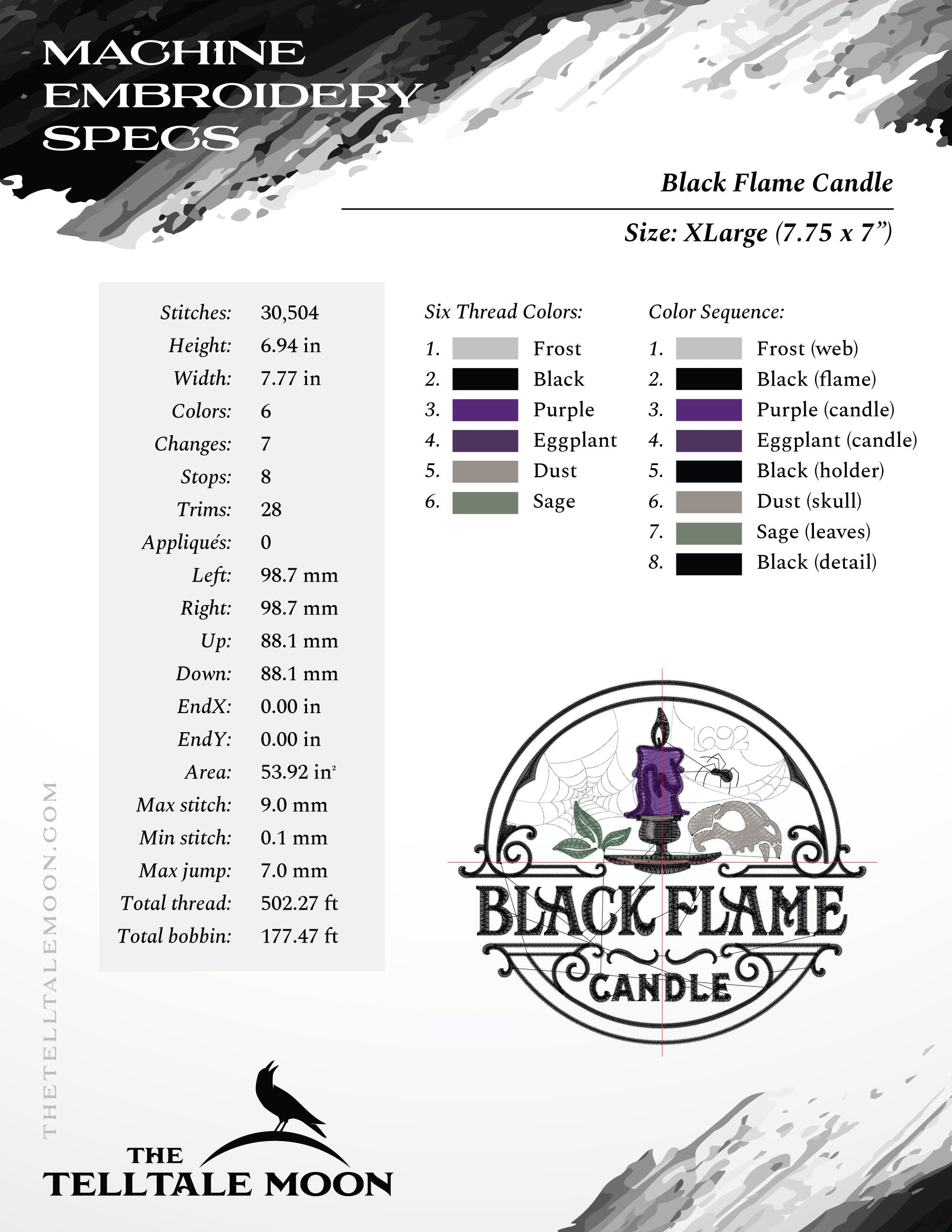 Embroidery: "Black Flame Candle" Label - Five Sizes - Six Thread Colors