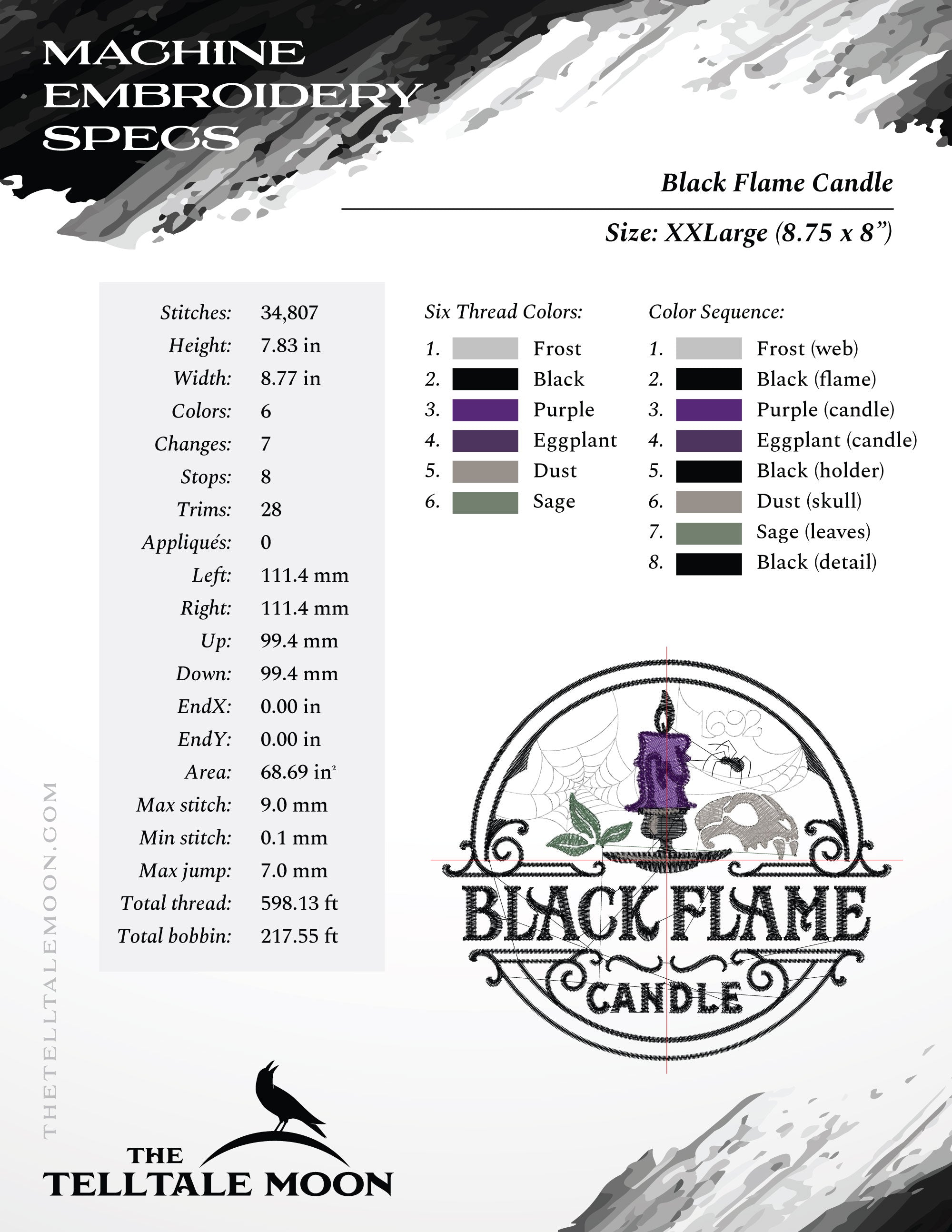 Embroidery: "Black Flame Candle" Label - Five Sizes - Six Thread Colors
