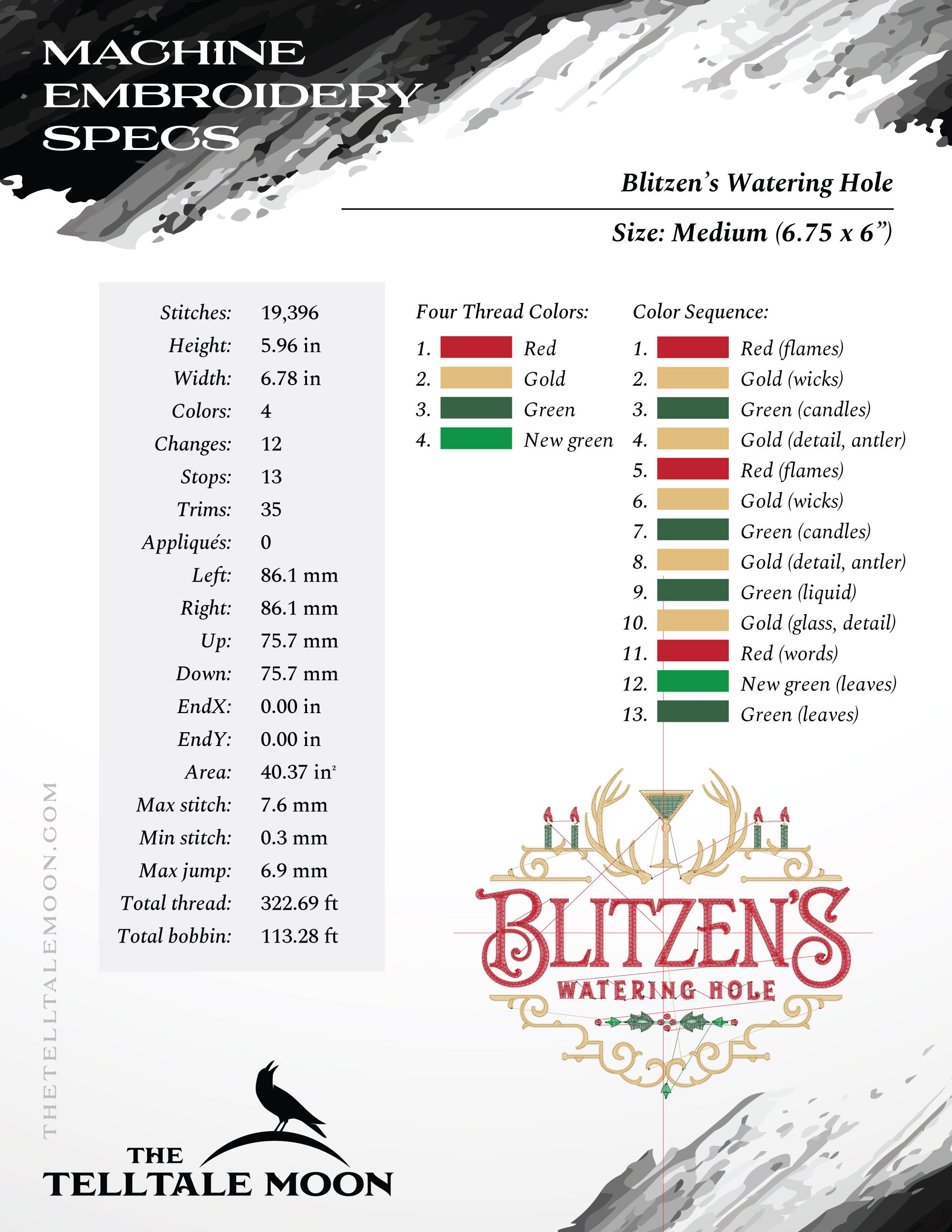 Embroidery: "Blitzen's Watering Hole" - 5 Sizes Between 5 and 9 Inches