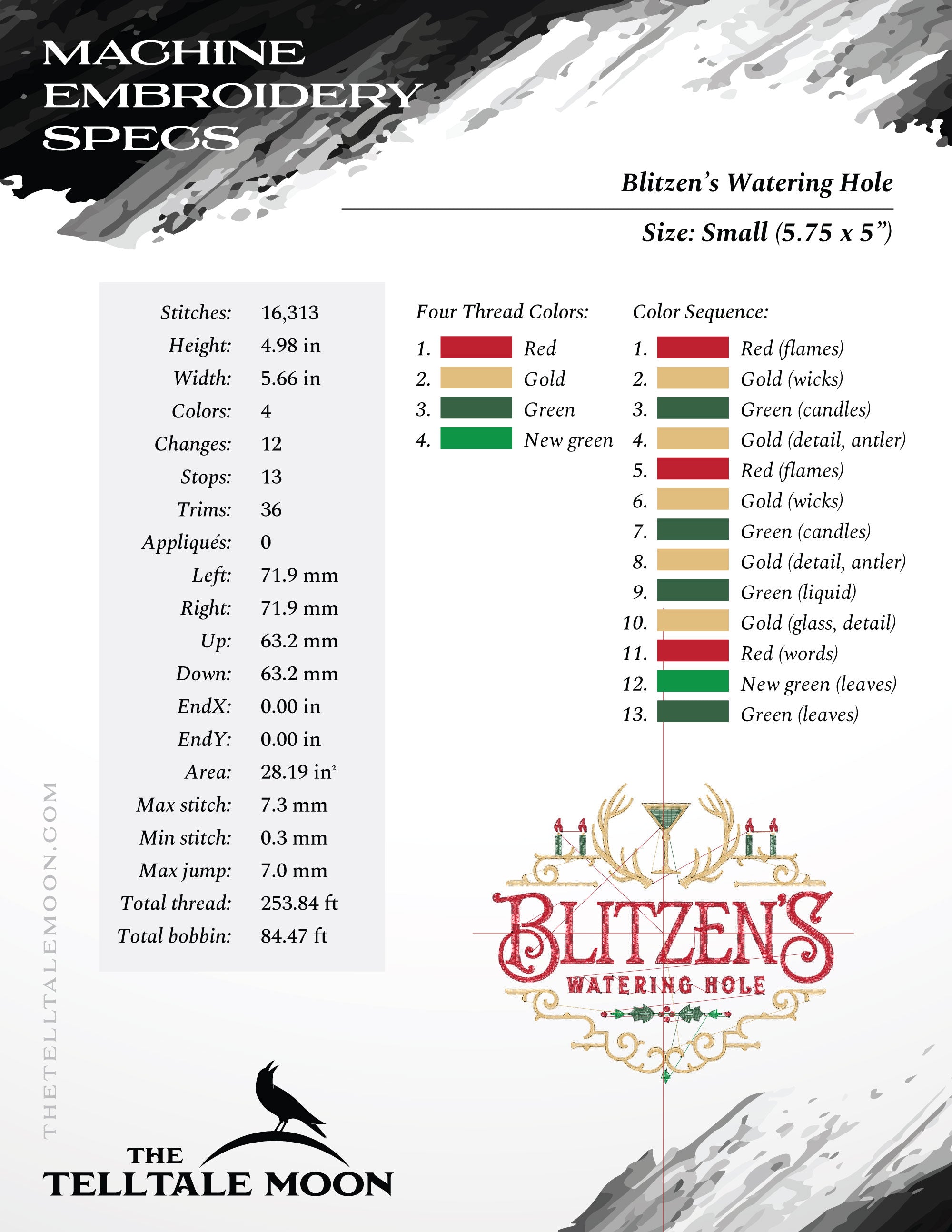 Embroidery: "Blitzen's Watering Hole" - 5 Sizes Between 5 and 9 Inches