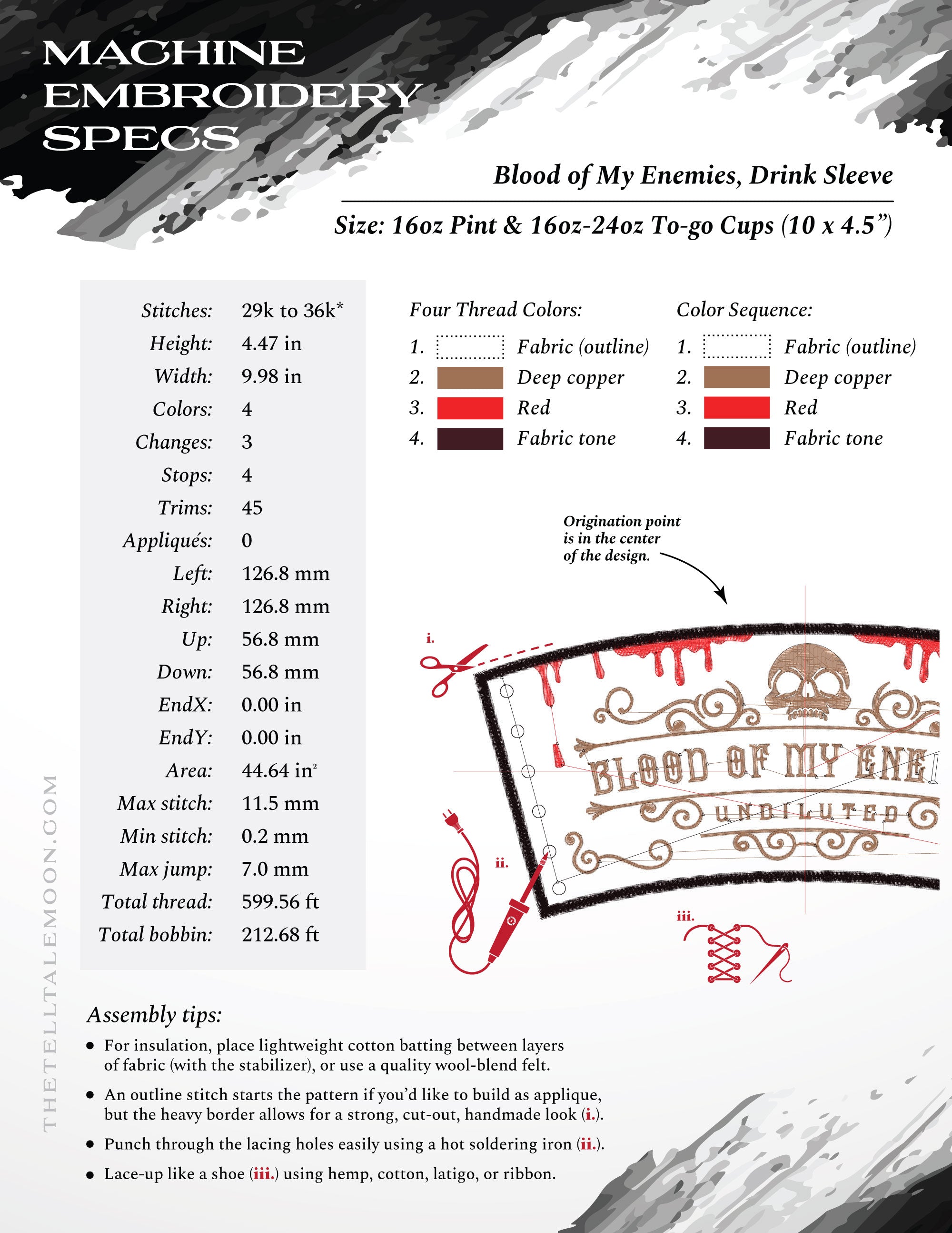 Embroidery: "Blood of My Enemies" - Six Sizes 6 to 11 Inches, Plus Drink Sleeve