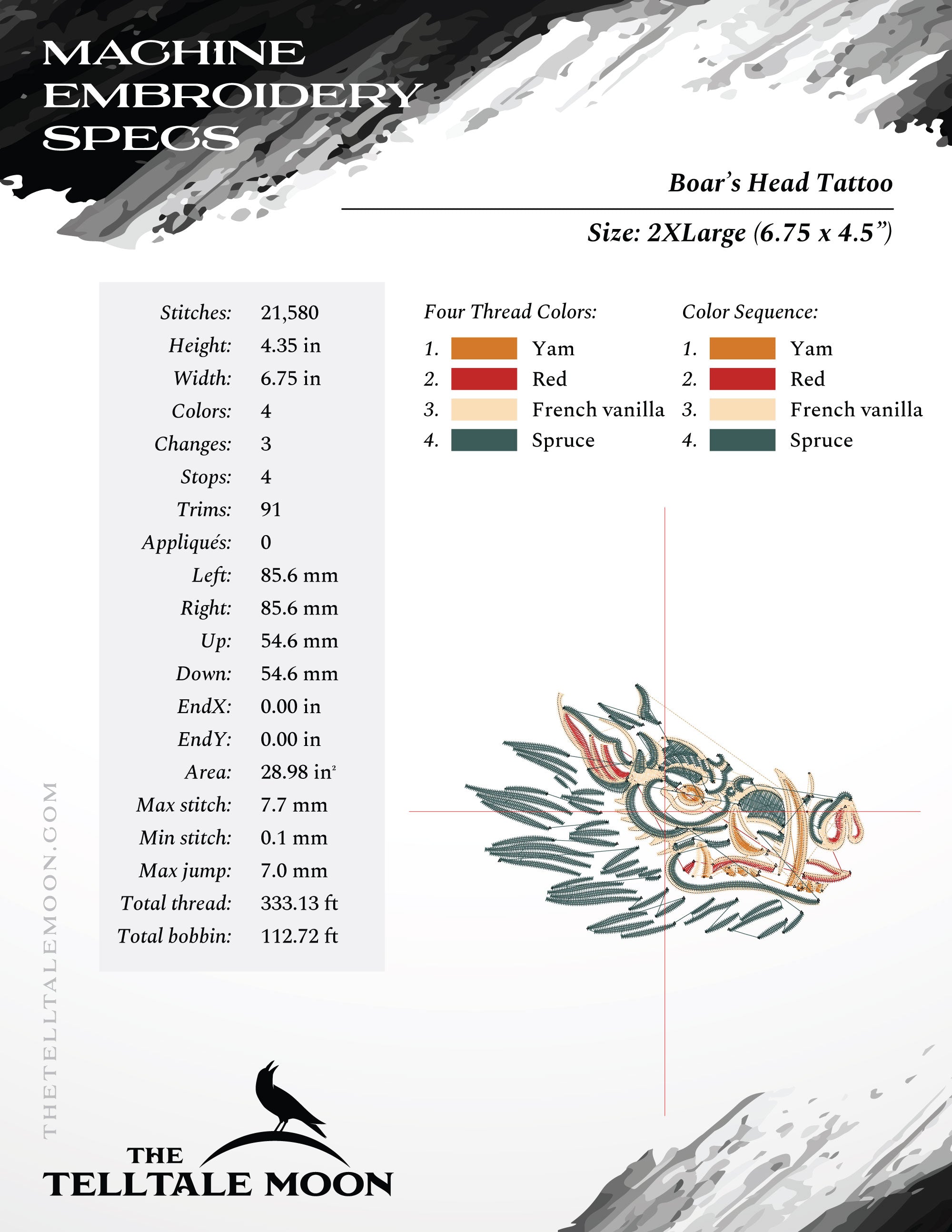 Embroidery Files: Boar's Head Tattoo in Seven Sizes (3.5, 4, 5, 6, 6.75, 7.8, and 9 Inches Wide), Four Thread Colors