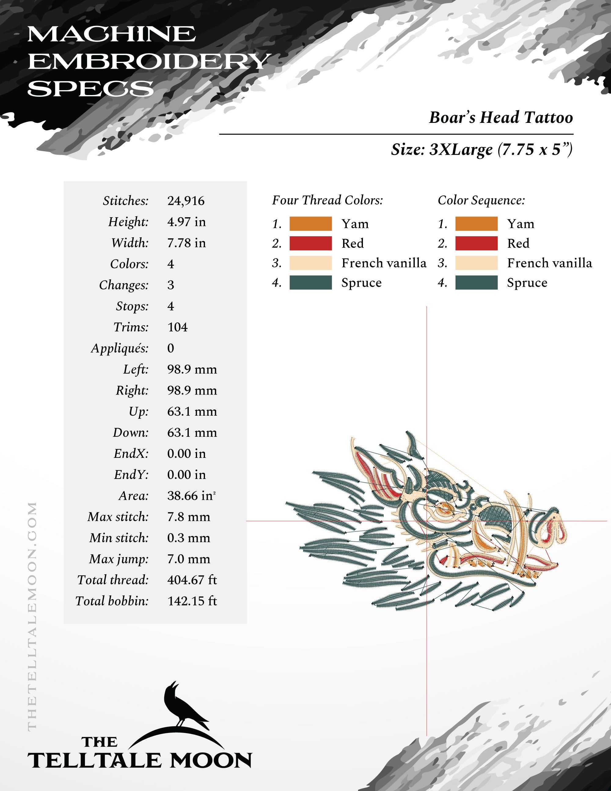 Embroidery Files: Boar's Head Tattoo in Seven Sizes (3.5, 4, 5, 6, 6.75, 7.8, and 9 Inches Wide), Four Thread Colors