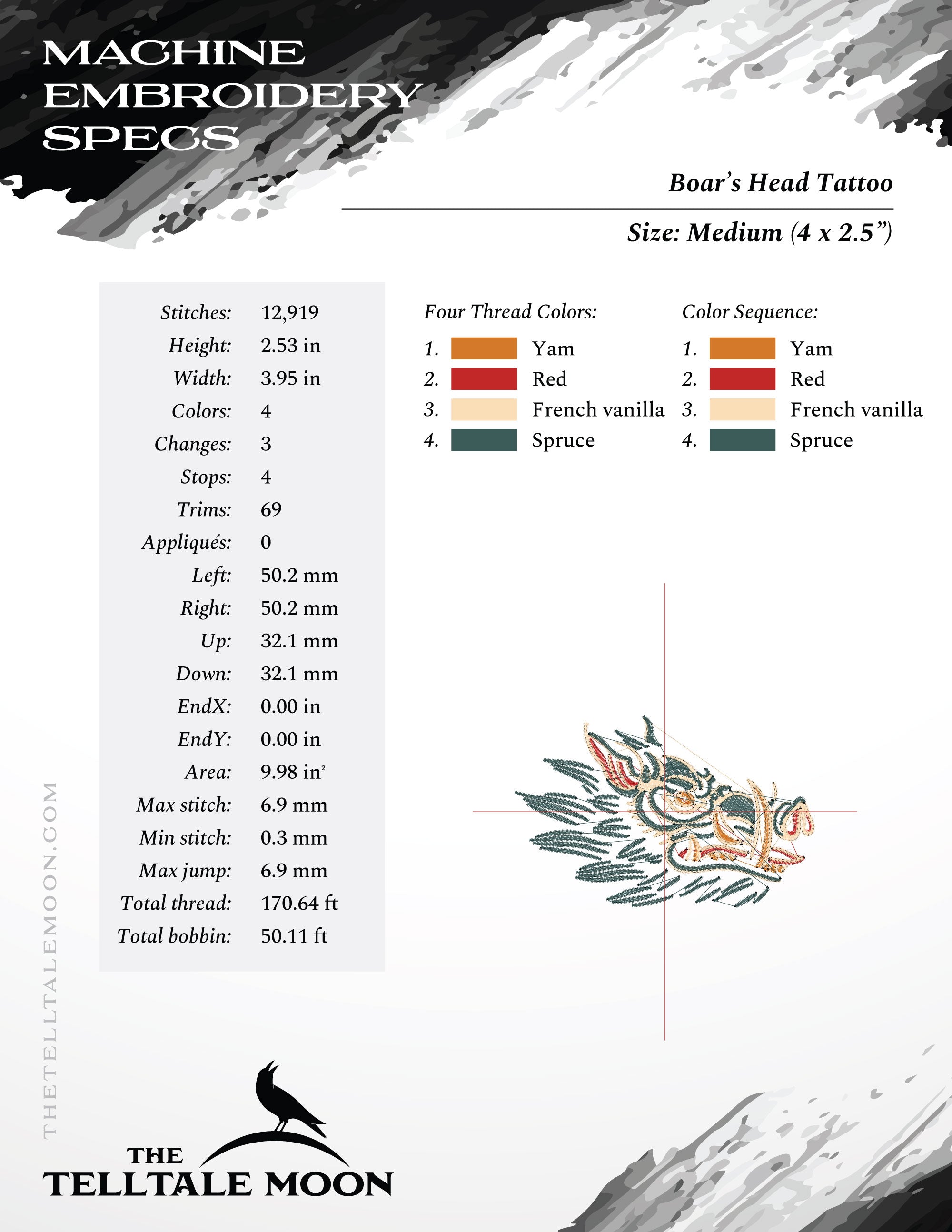 Embroidery Files: Boar's Head Tattoo in Seven Sizes (3.5, 4, 5, 6, 6.75, 7.8, and 9 Inches Wide), Four Thread Colors