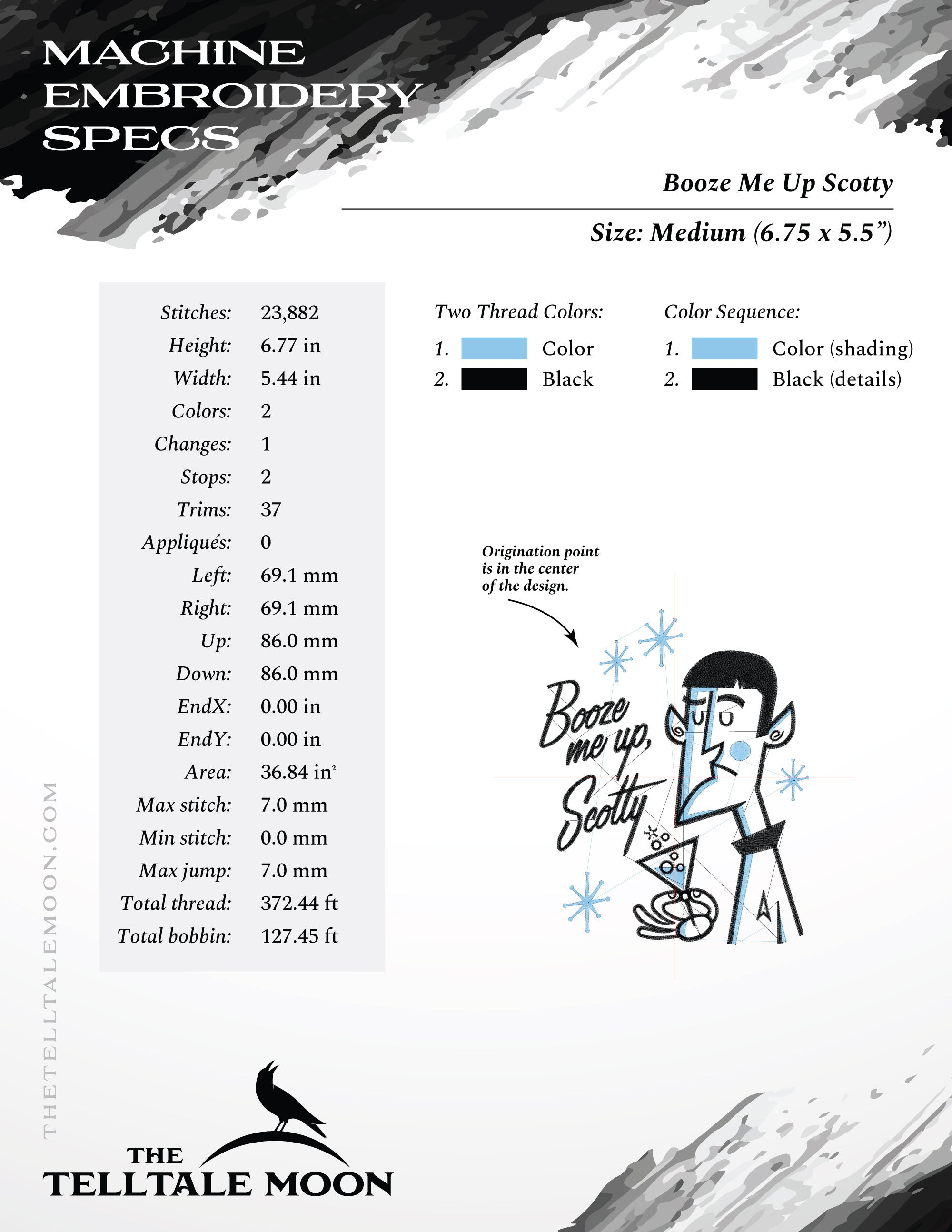 Embroidery: Retro Humor "Booze Me Up Scotty" Design - Five Sizes 4, 5, 7, 8, and 9 Inches Tall